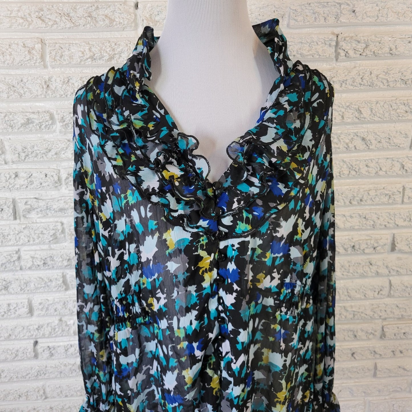 Lane Bryant Women Top 18 20 Plus Ruffle Collar Blue Watercolor Sheer Lightweight