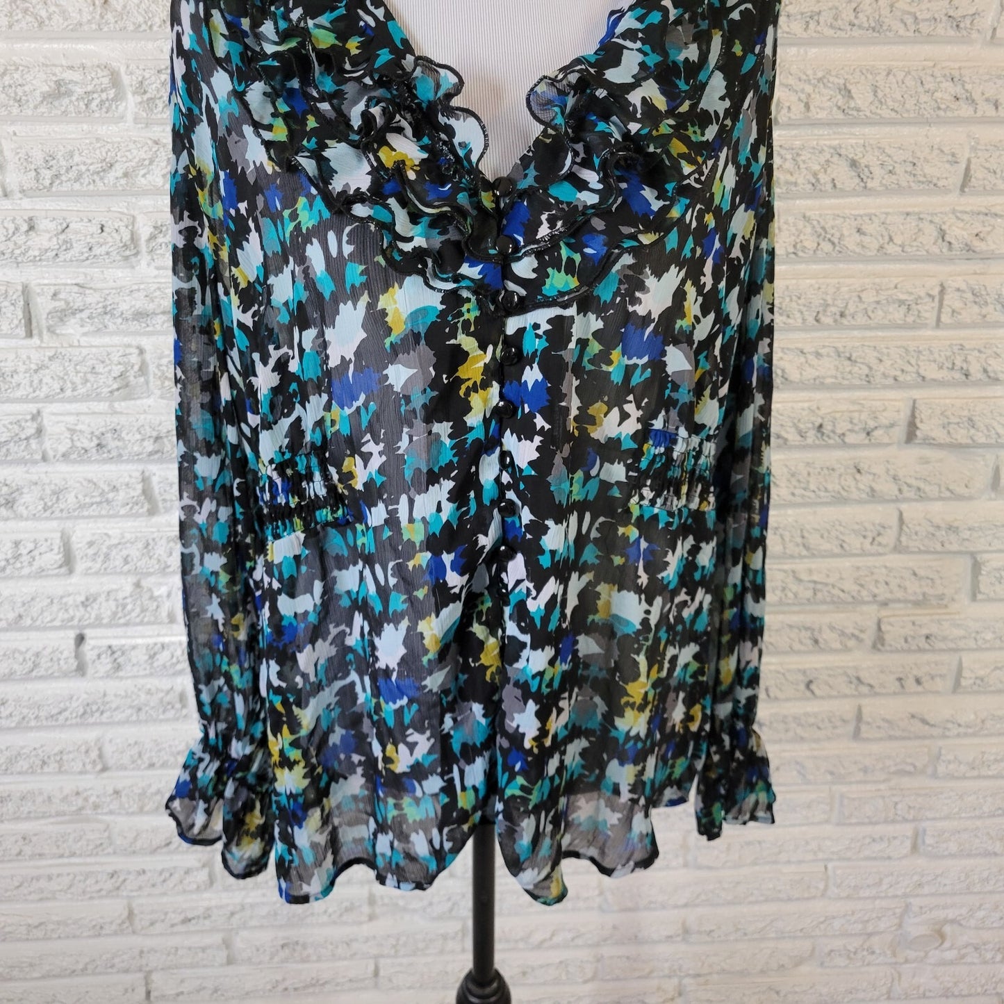 Lane Bryant Women Top 18 20 Plus Ruffle Collar Blue Watercolor Sheer Lightweight