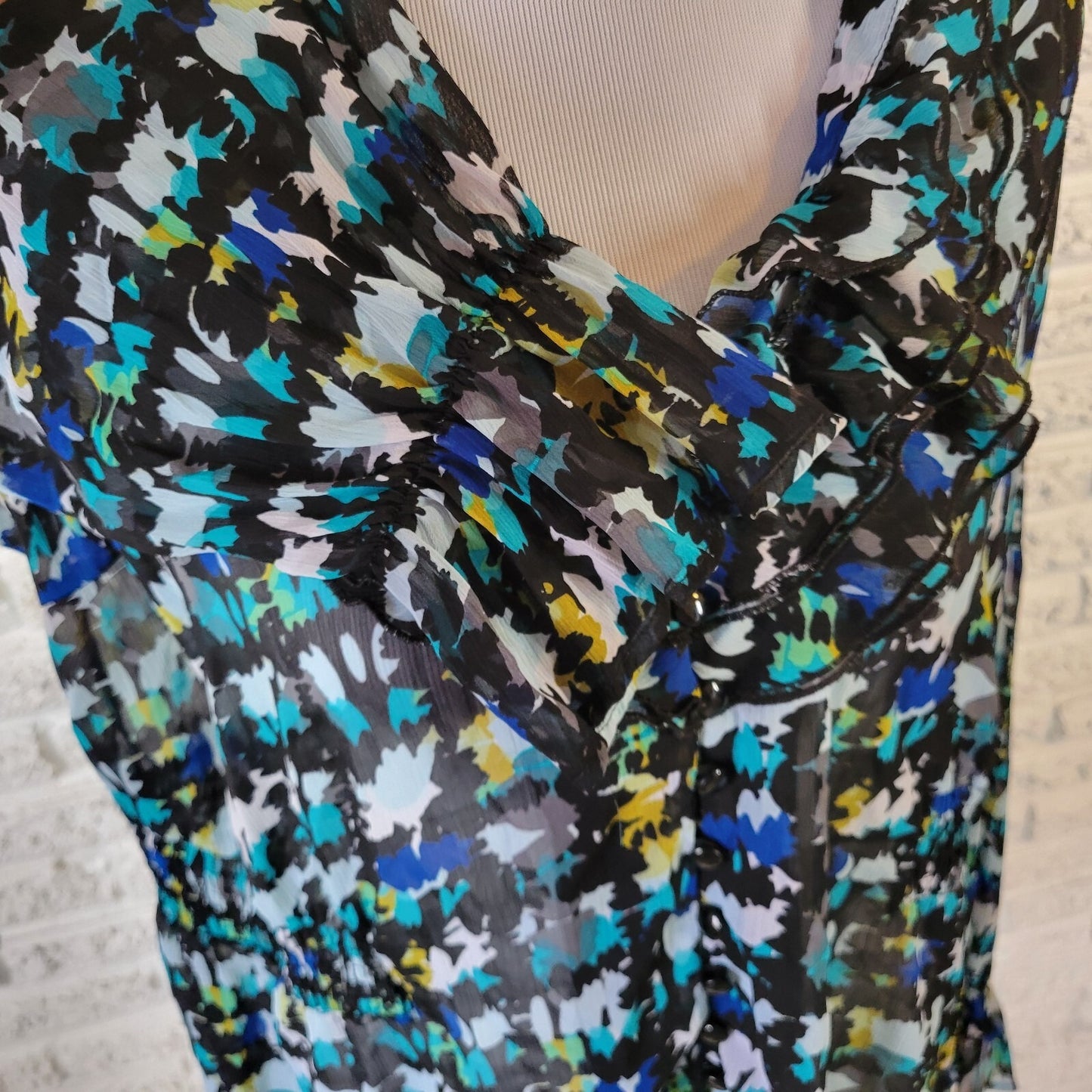 Lane Bryant Women Top 18 20 Plus Ruffle Collar Blue Watercolor Sheer Lightweight