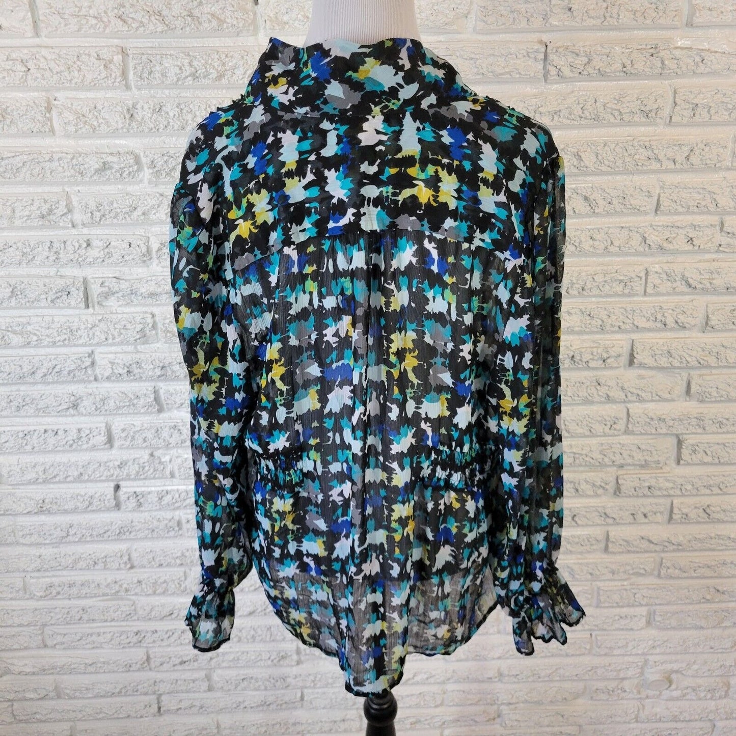 Lane Bryant Women Top 18 20 Plus Ruffle Collar Blue Watercolor Sheer Lightweight