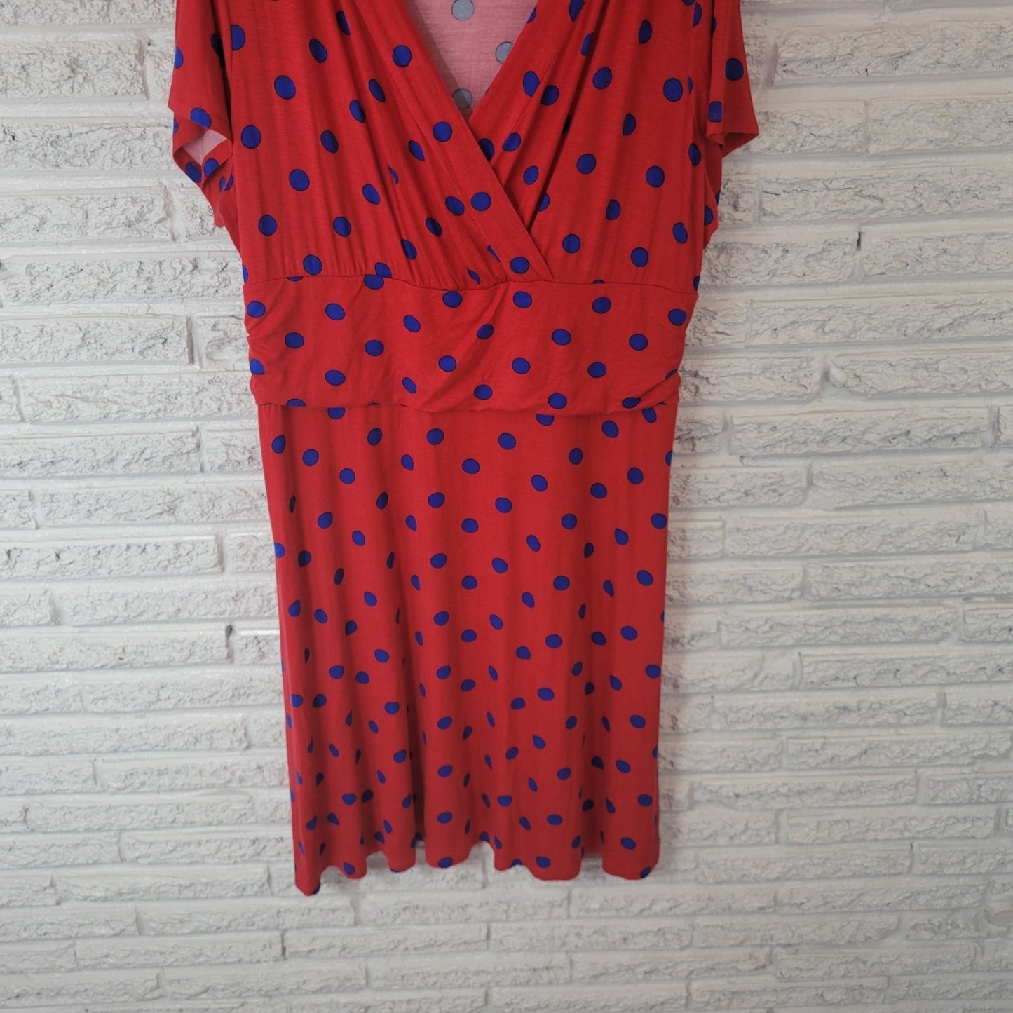Monroe Main Womens Dress 1X Plus Short Sleeve Red Blue Polka Dot Rayon Blend