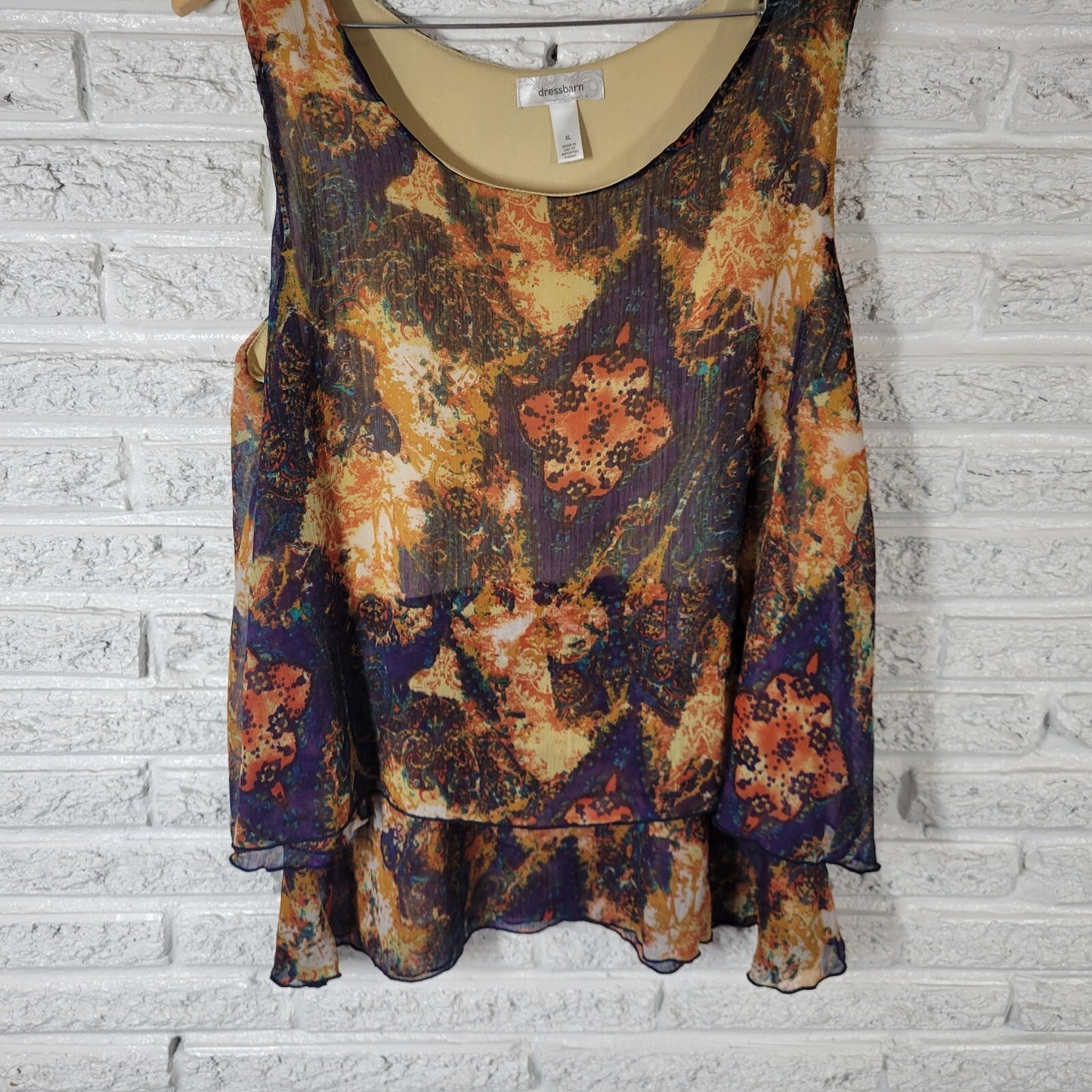 Dressbarn Women's Size XL Sleeveless Blouse Gold Orange Geometric Lined Tunic