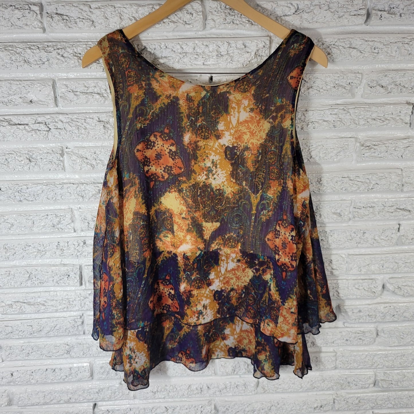 Dressbarn Women's Size XL Sleeveless Blouse Gold Orange Geometric Lined Tunic