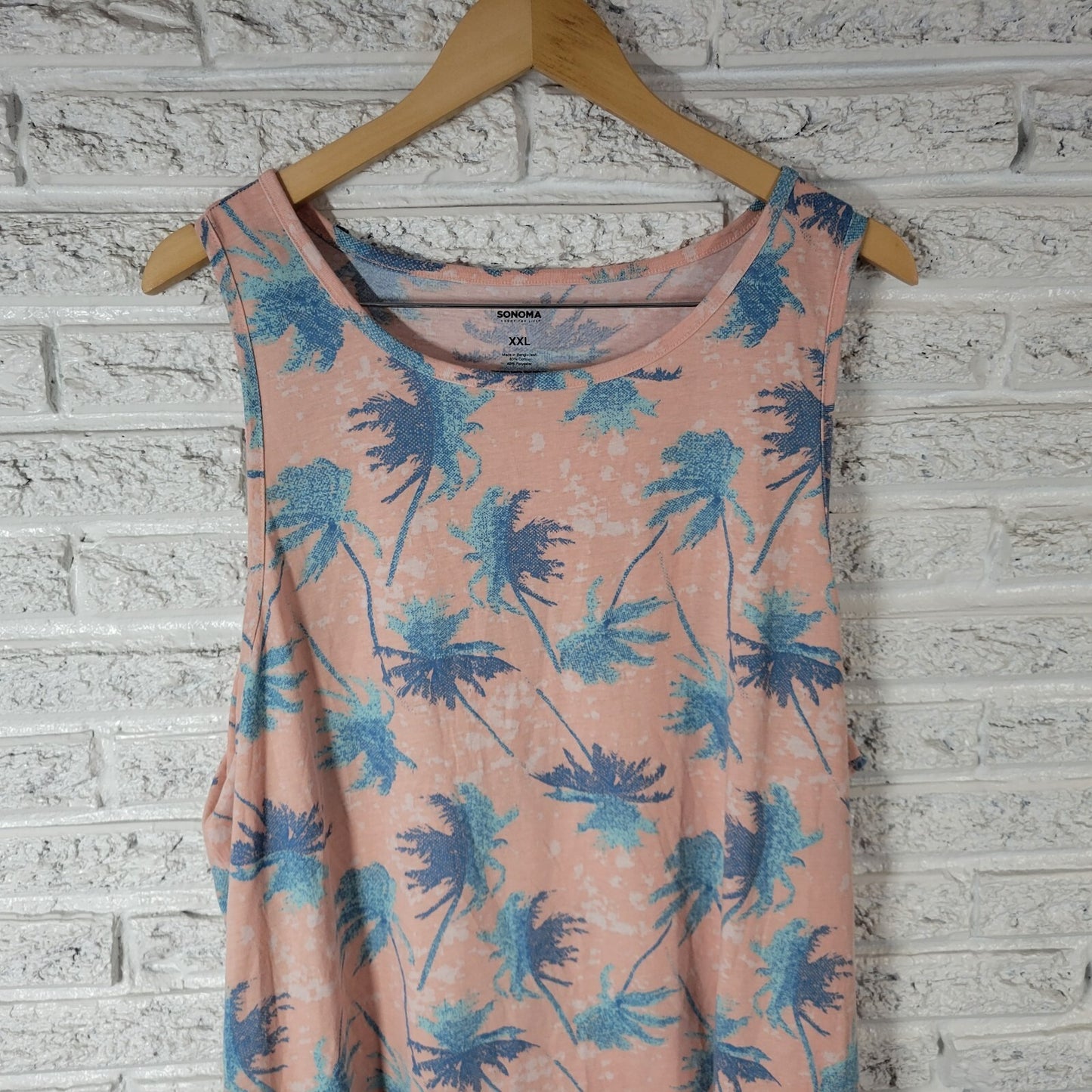 Sonoma Womens Top XXL Plus Tank Tropical Palm Trees Blue Floral Lightweight