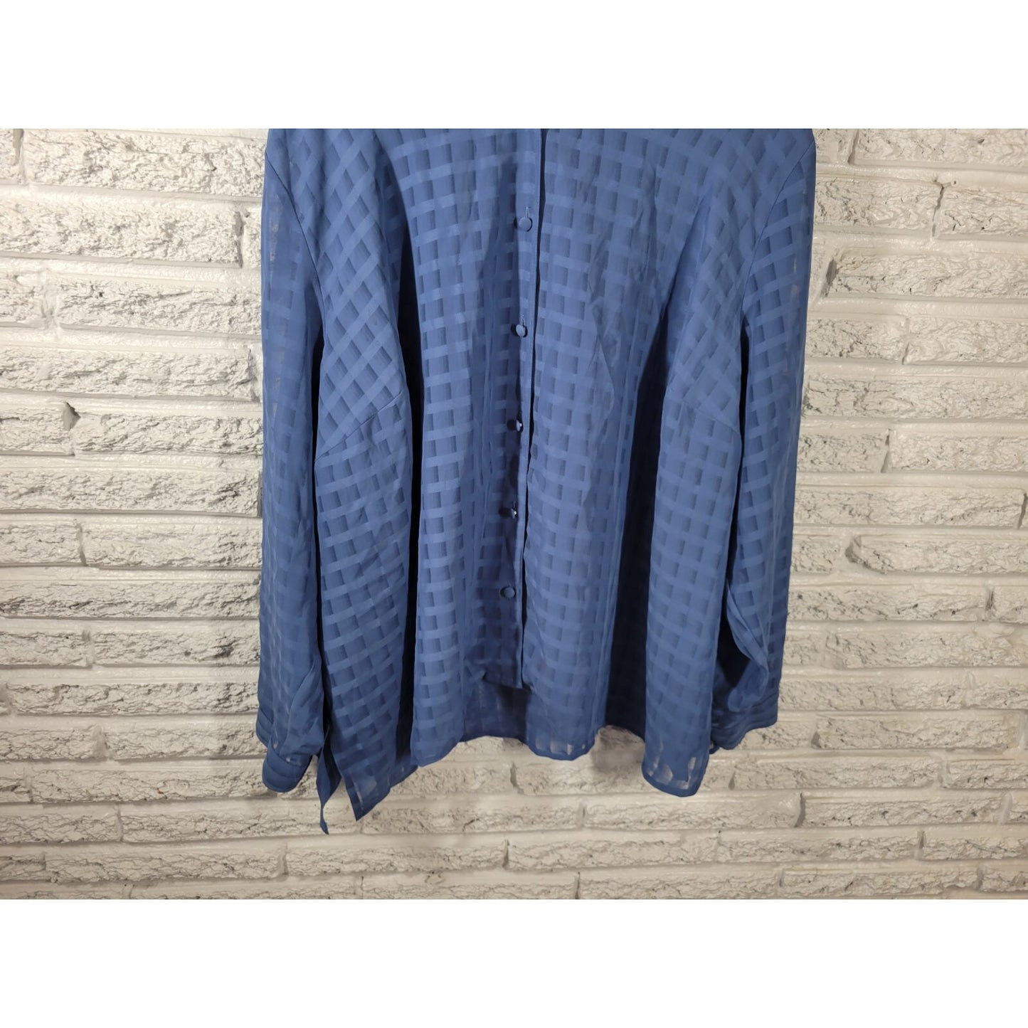 Maggie Barnes Womens Top 32W Plus Long Sleeve Blue Button Lightweight Sheer