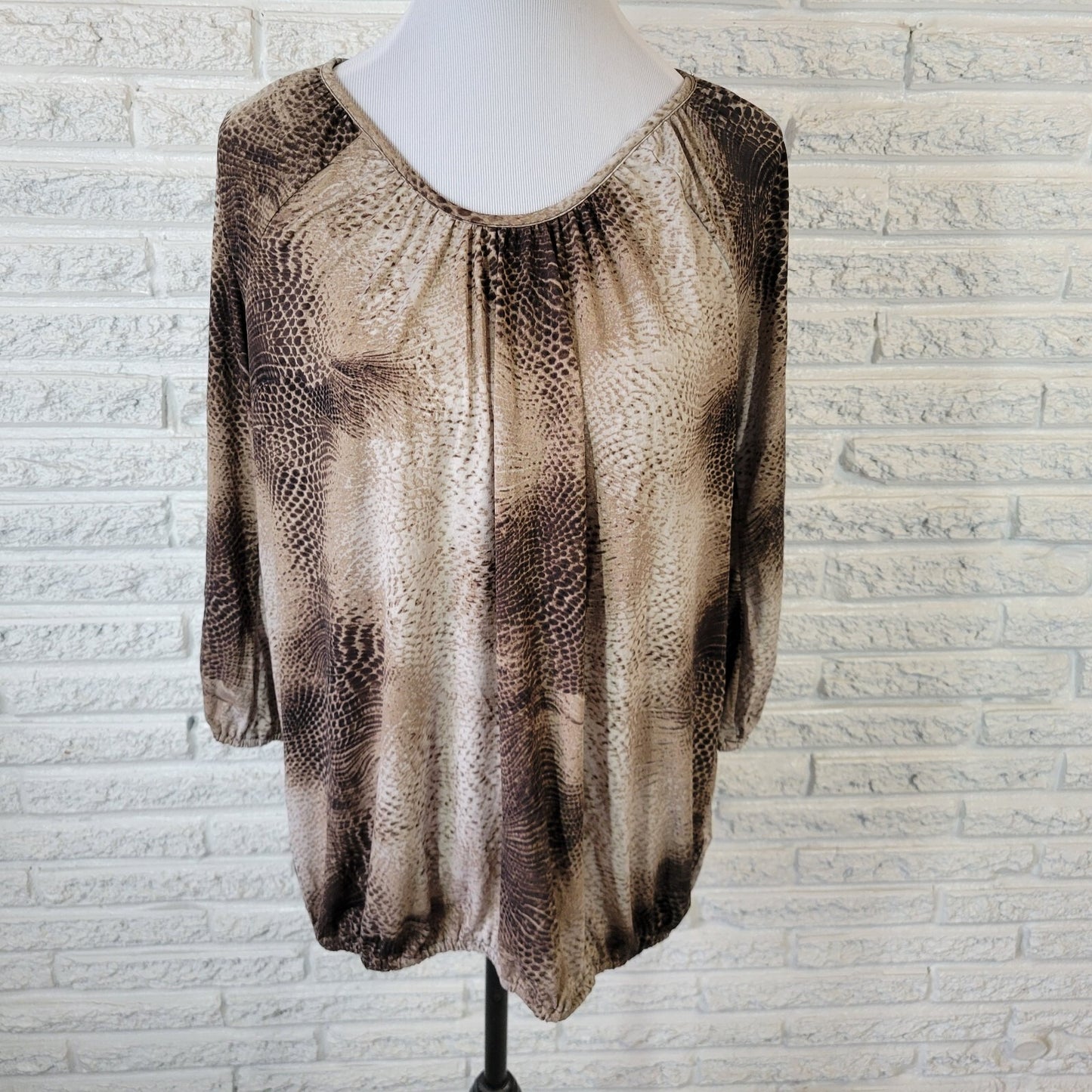 Premise Studio Womens Top 0X Plus 3/4 Sleeve Brown Tan Animal Print Poly Blend