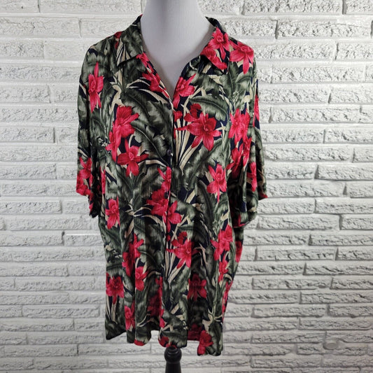 Dress Barn Womens Top 22 24 Plus Short Sleeve Red Green Floral Rayon Button Up