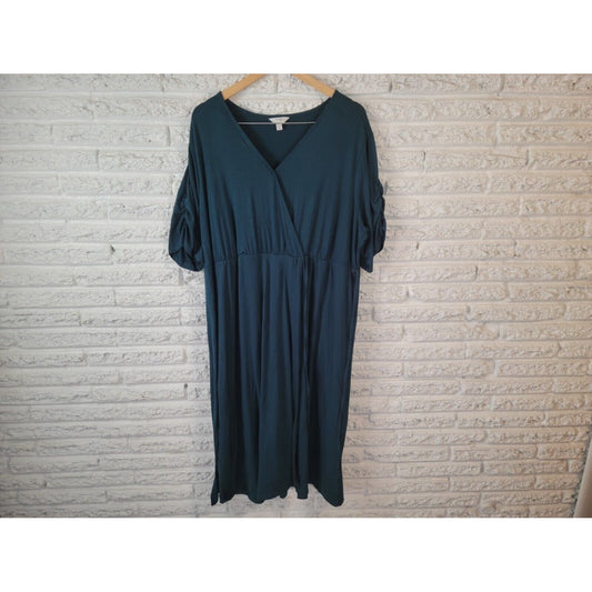 Terra Sky Womens Dress 2X Short Sleeve Sheath Faux Wrap Blue Sash Poly Blend