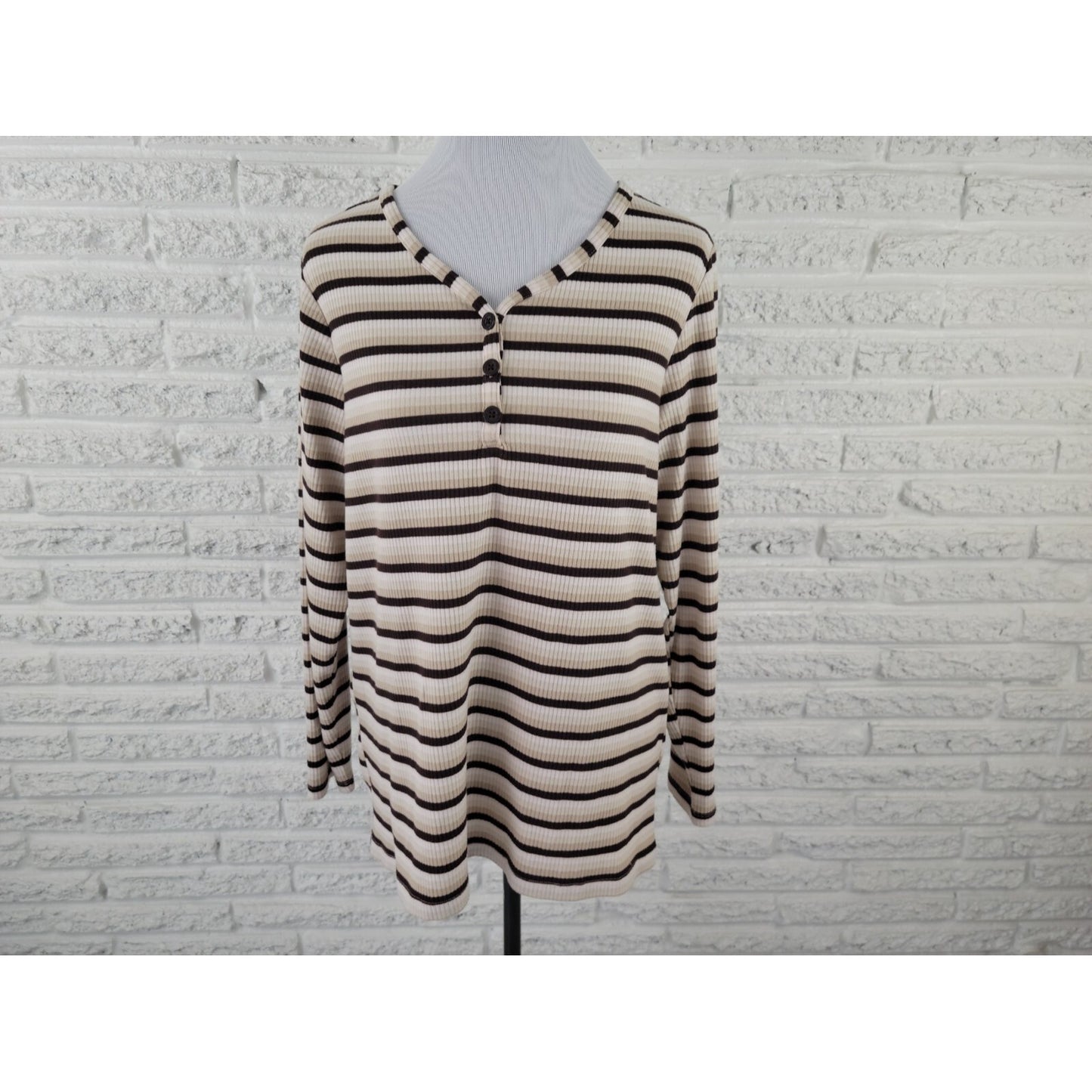 CJ Banks Women Top X Extra Large Knit 1/4 Button Brown Stripe Comfy Casual