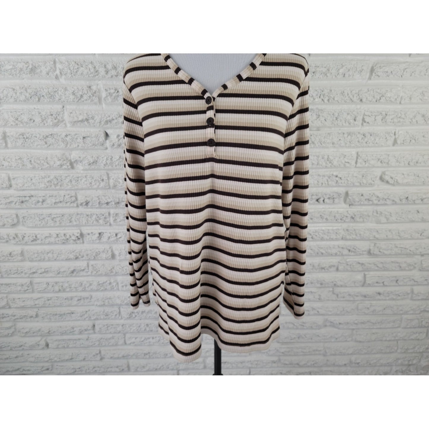 CJ Banks Women Top X Extra Large Knit 1/4 Button Brown Stripe Comfy Casual