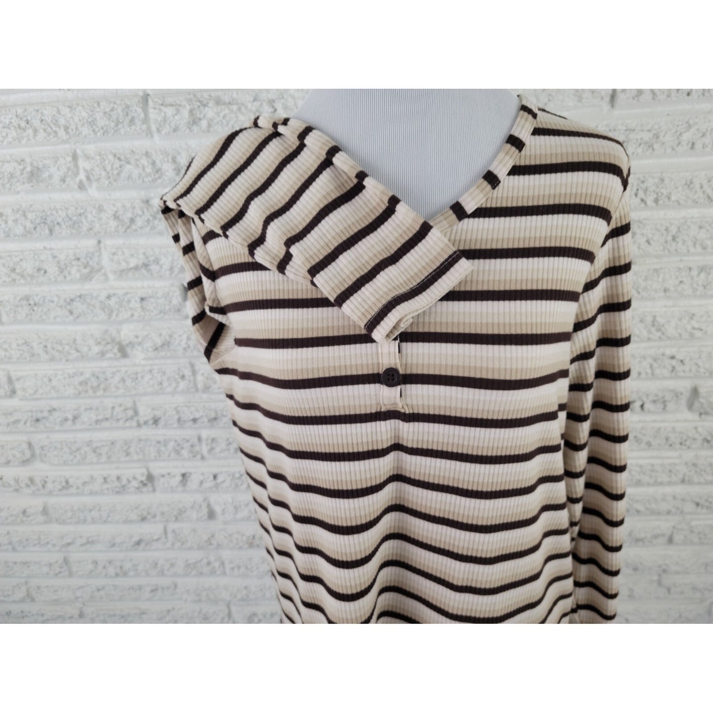 CJ Banks Women Top X Extra Large Knit 1/4 Button Brown Stripe Comfy Casual