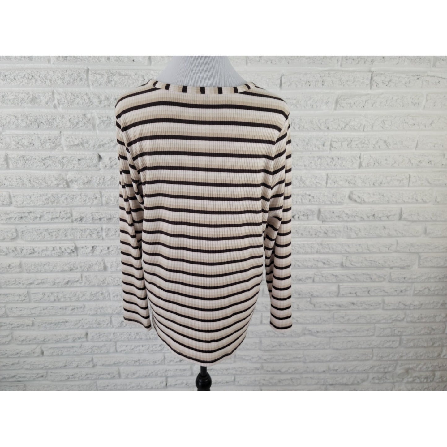 CJ Banks Women Top X Extra Large Knit 1/4 Button Brown Stripe Comfy Casual