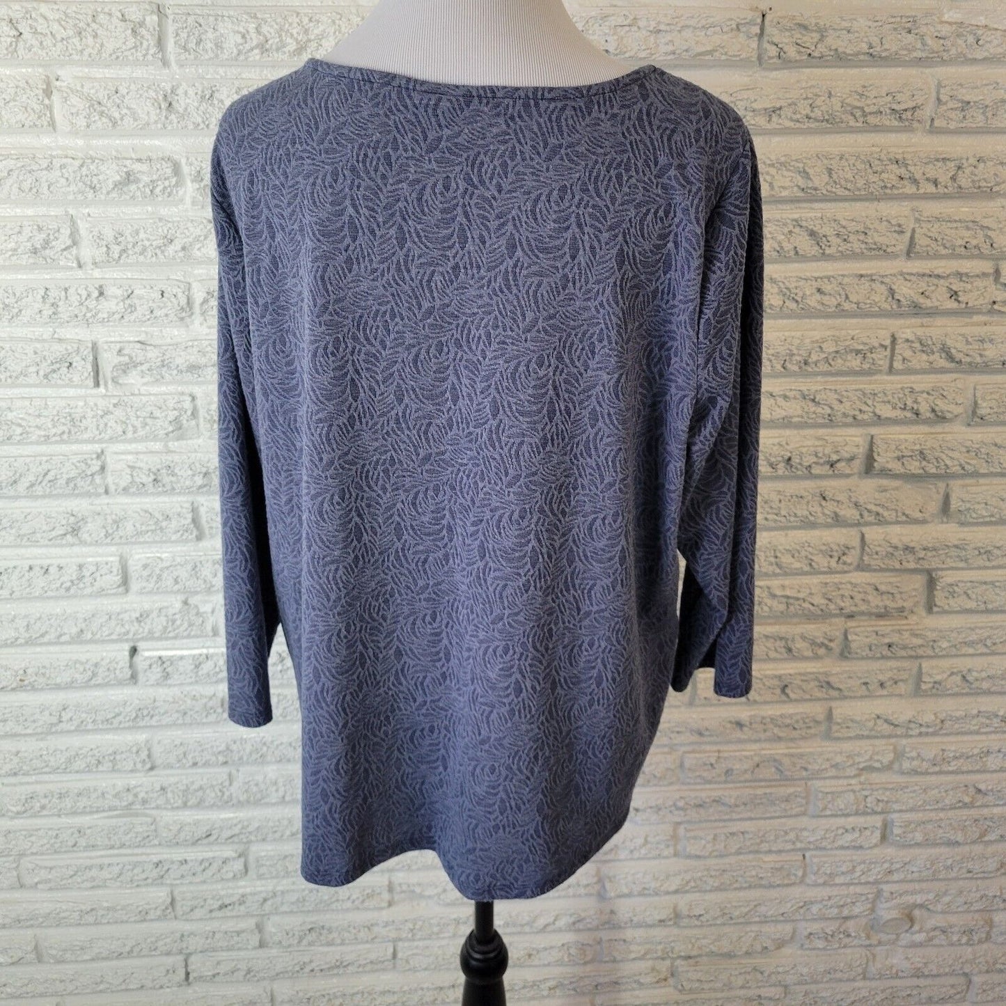 Dana Buchman Womens Top XXL Plus 3/4 Sleeve Blue Leaves Pleated Poly Blend Comfy