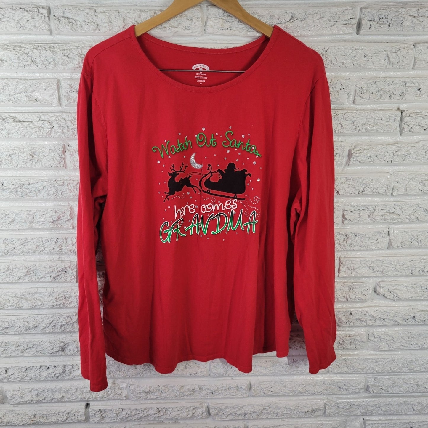 Holiday Time 3X Red Santa Grandma Graphic Tee 100% Cotton Glitter Christ NOV96XE