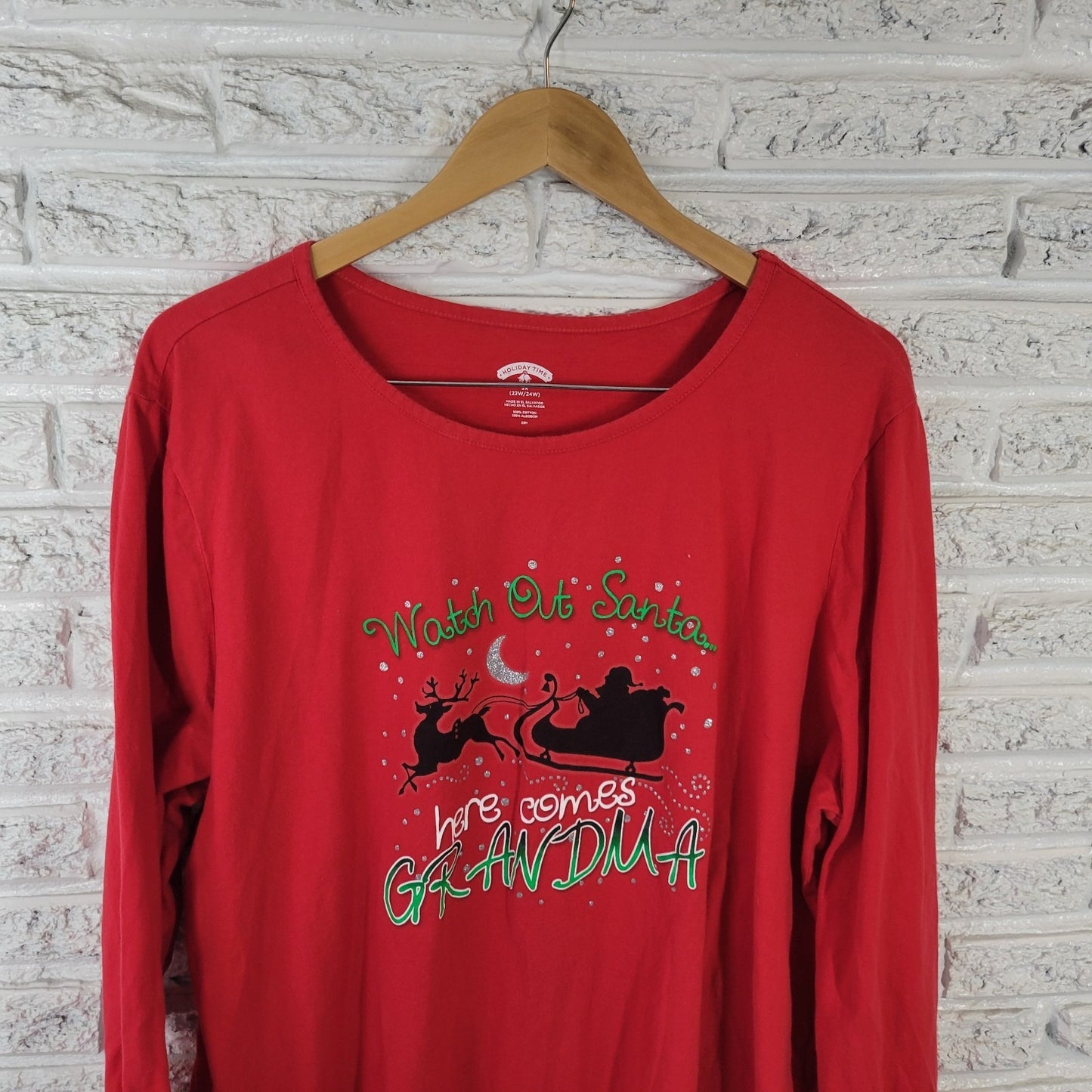 Holiday Time 3X Red Santa Grandma Graphic Tee 100% Cotton Glitter Christ NOV96XE
