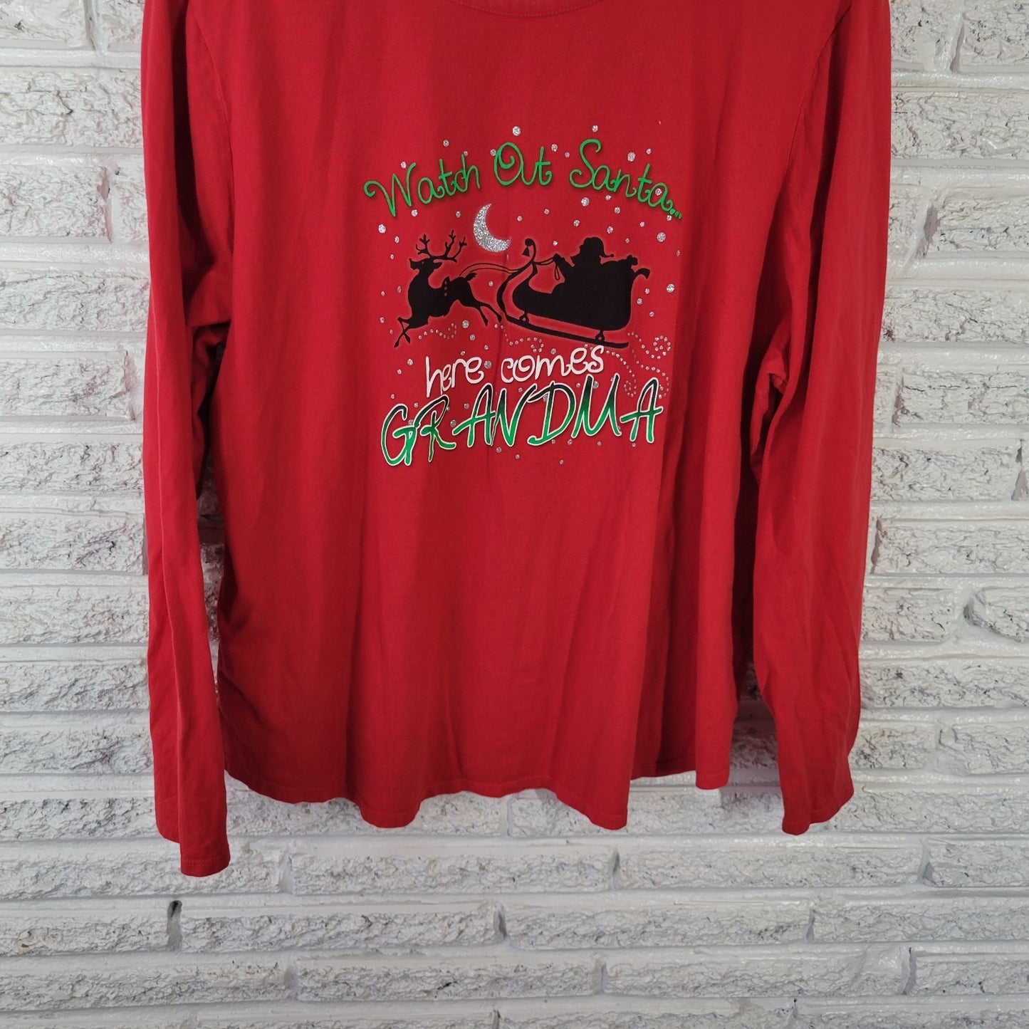 Holiday Time 3X Red Santa Grandma Graphic Tee 100% Cotton Glitter Christ NOV96XE