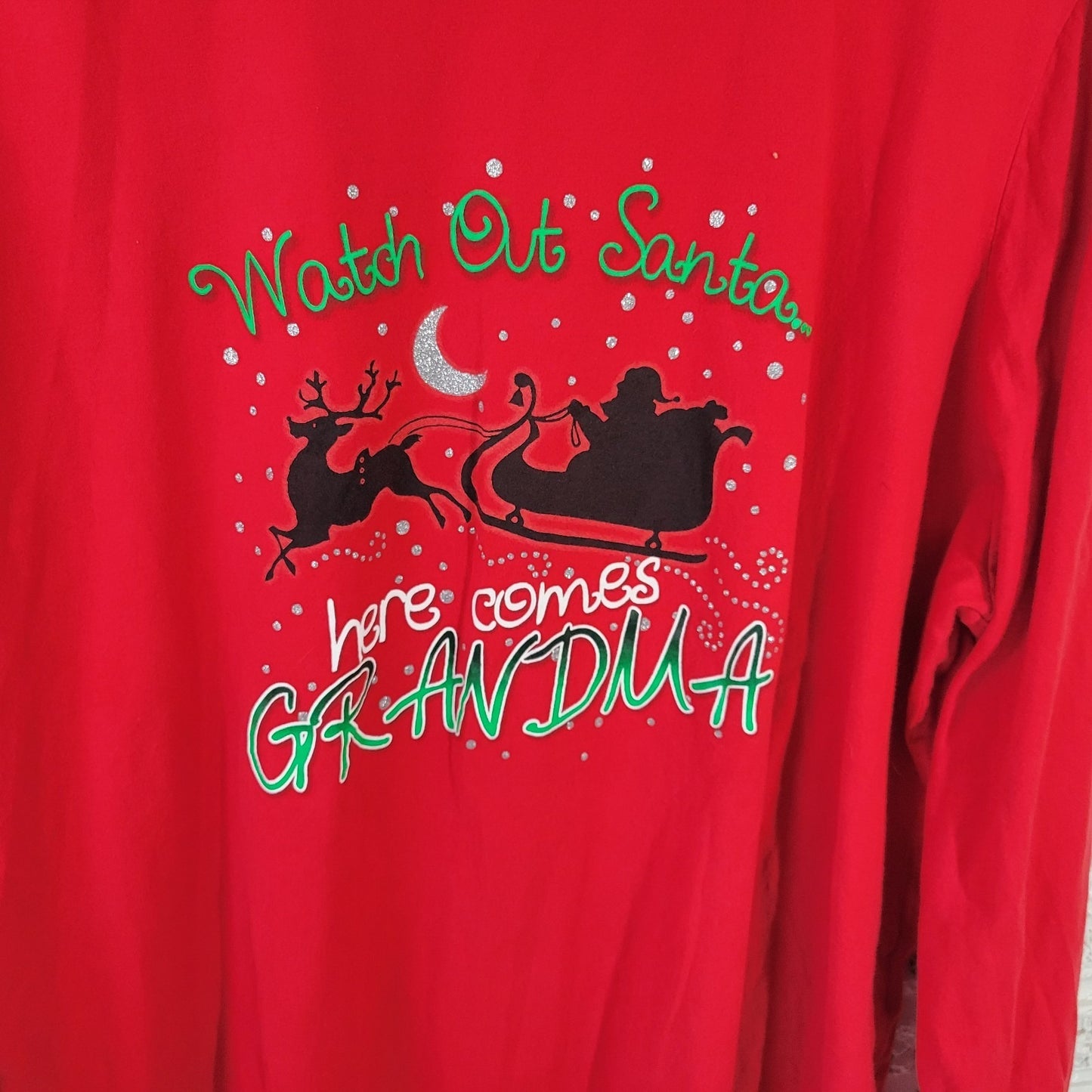 Holiday Time 3X Red Santa Grandma Graphic Tee 100% Cotton Glitter Christ NOV96XE
