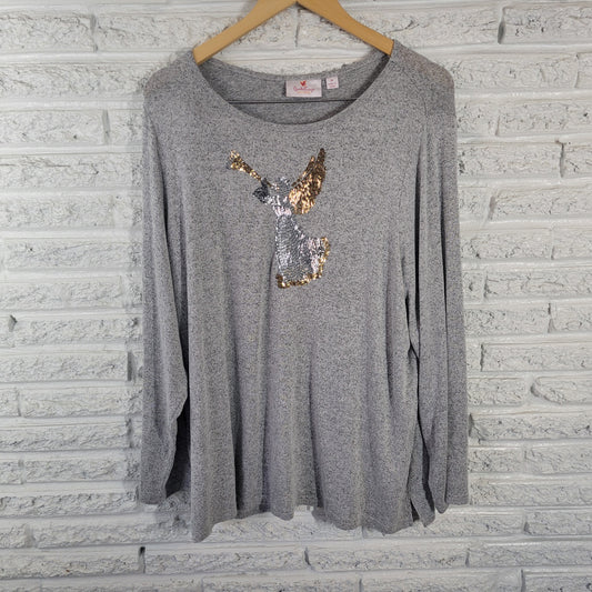 Quacker Factory Jeanne Bice 1X Gray Knit Top Angel Sequins Long Sleeve GRA81E