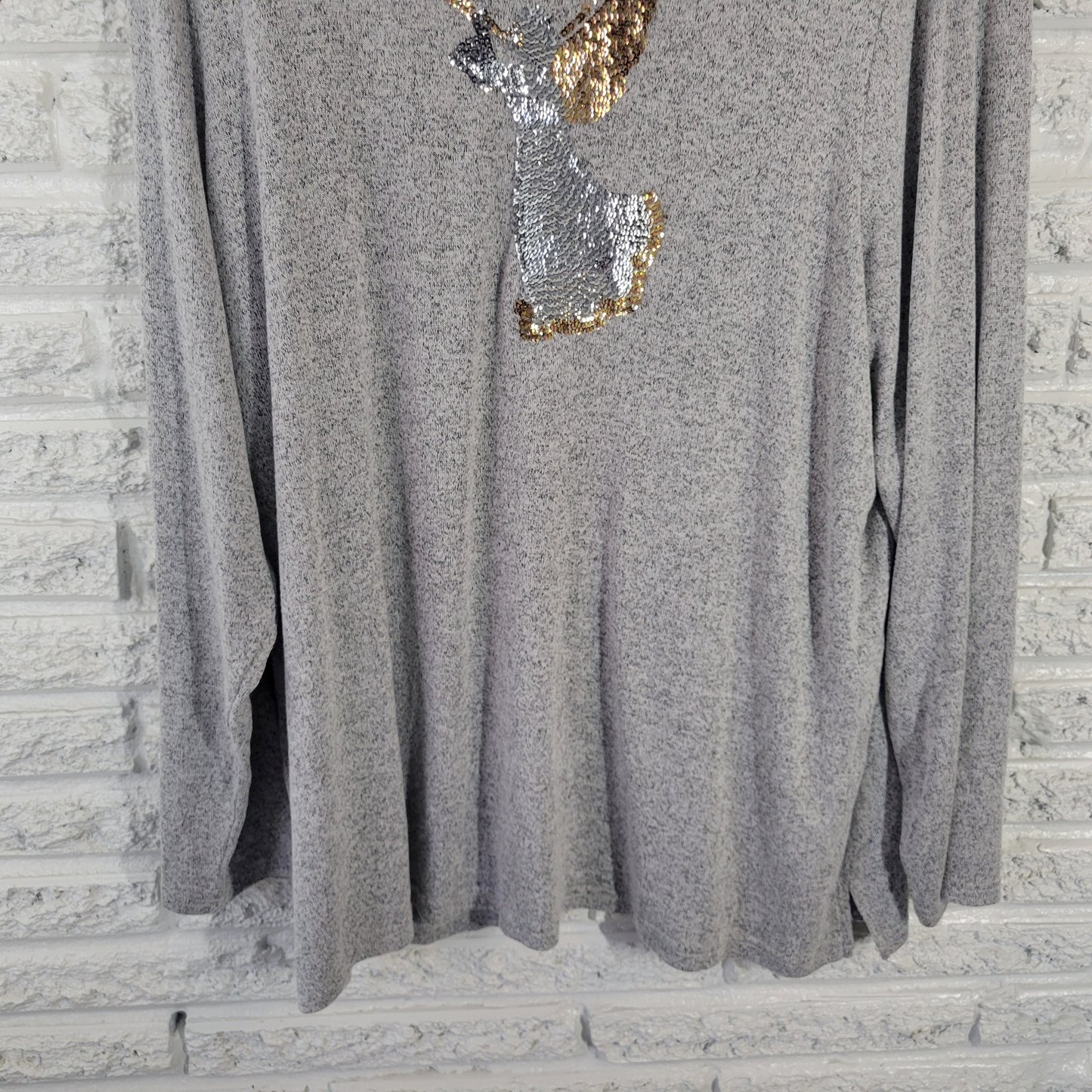 Quacker Factory Jeanne Bice 1X Gray Knit Top Angel Sequins Long Sleeve GRA81E