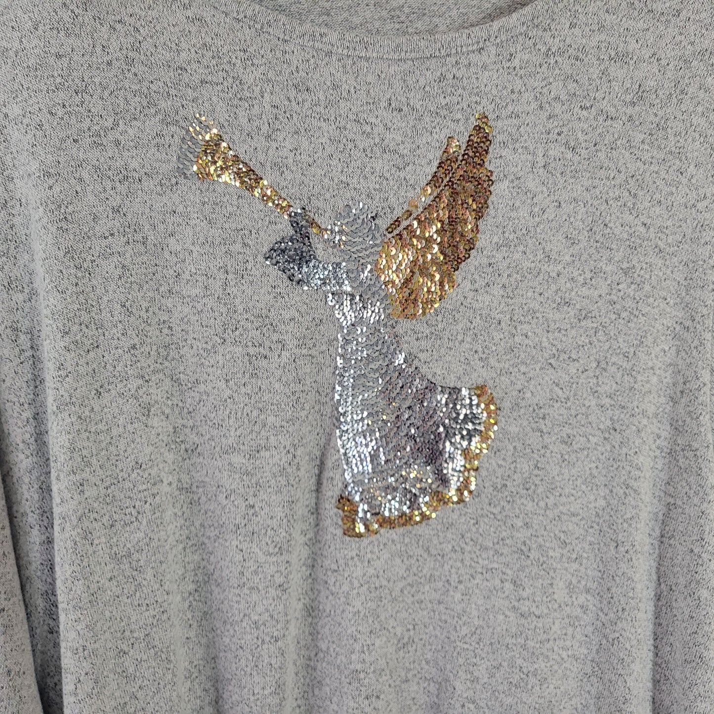 Quacker Factory Jeanne Bice 1X Gray Knit Top Angel Sequins Long Sleeve GRA81E