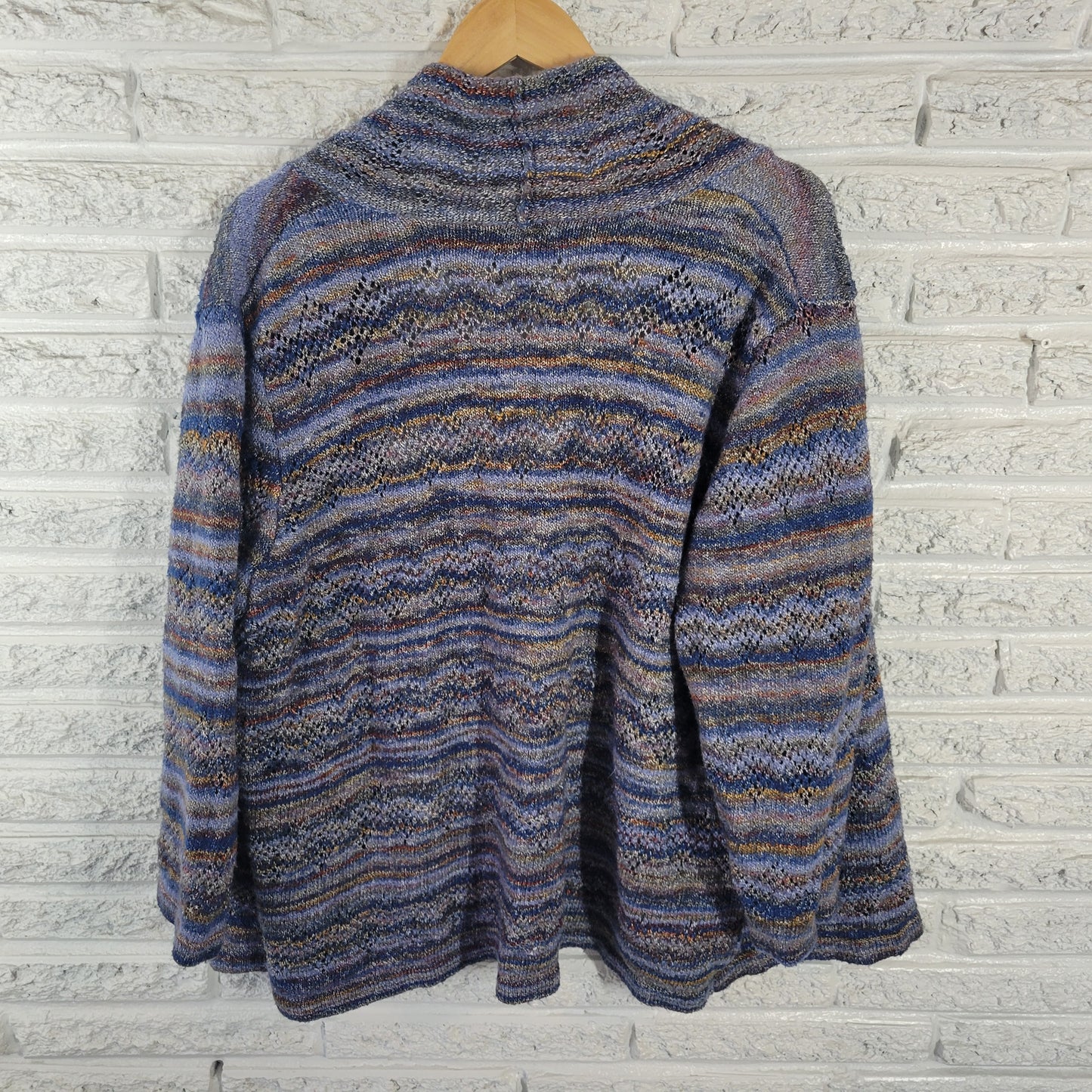 Alfred Dunner 2X Cardigan Sweater Blue Brown Eyelet Open Front 3/4 Sleeve SWE45E