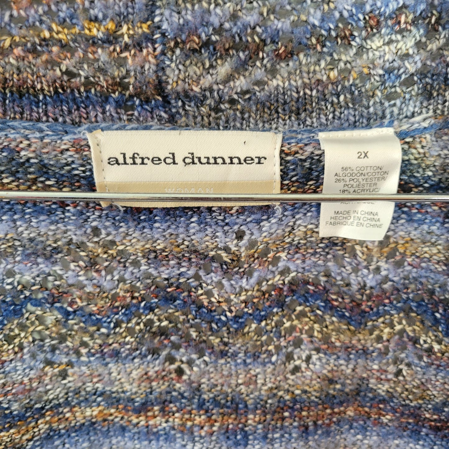 Alfred Dunner 2X Cardigan Sweater Blue Brown Eyelet Open Front 3/4 Sleeve SWE45E