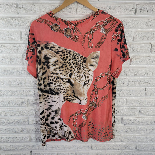 Aronia 3XL Cheetah Print Red Black Rhinestone Short Sleeve Pullover ANI30E