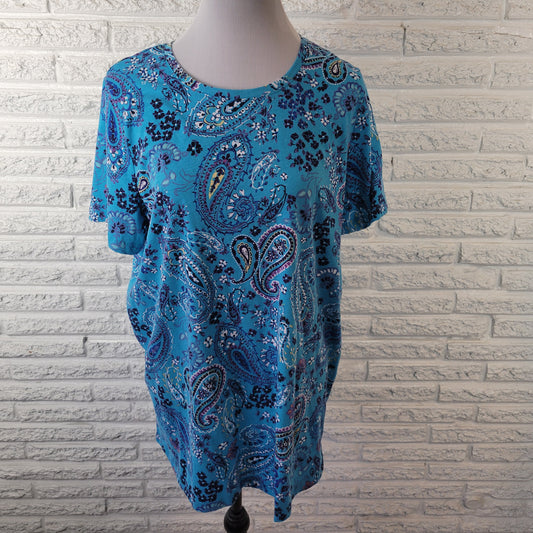 Woman Within 1X Tunic Tee Blue Paisley Crew Short Sleeve Cotton Blend PAI44E