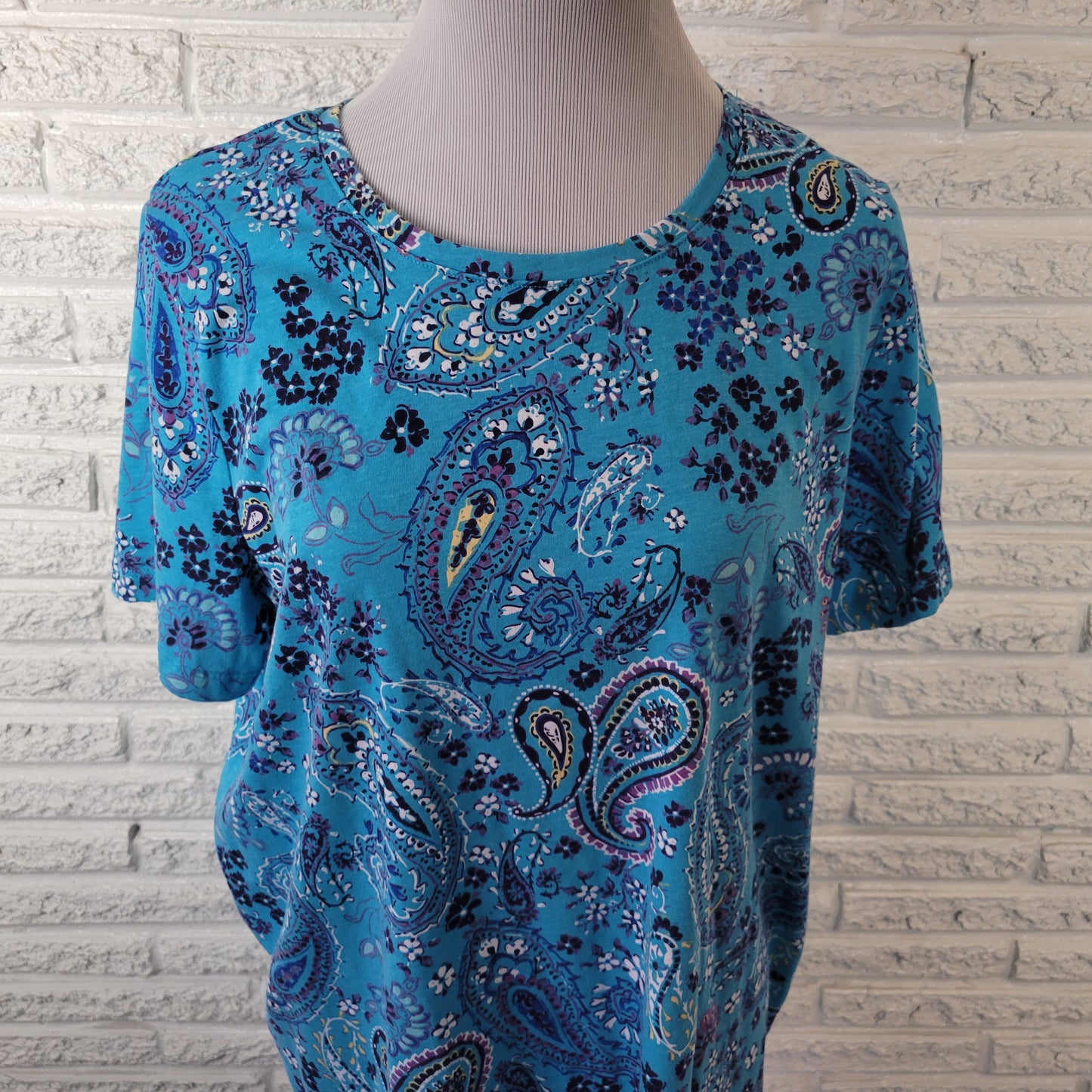 Woman Within 1X Tunic Tee Blue Paisley Crew Short Sleeve Cotton Blend PAI44E