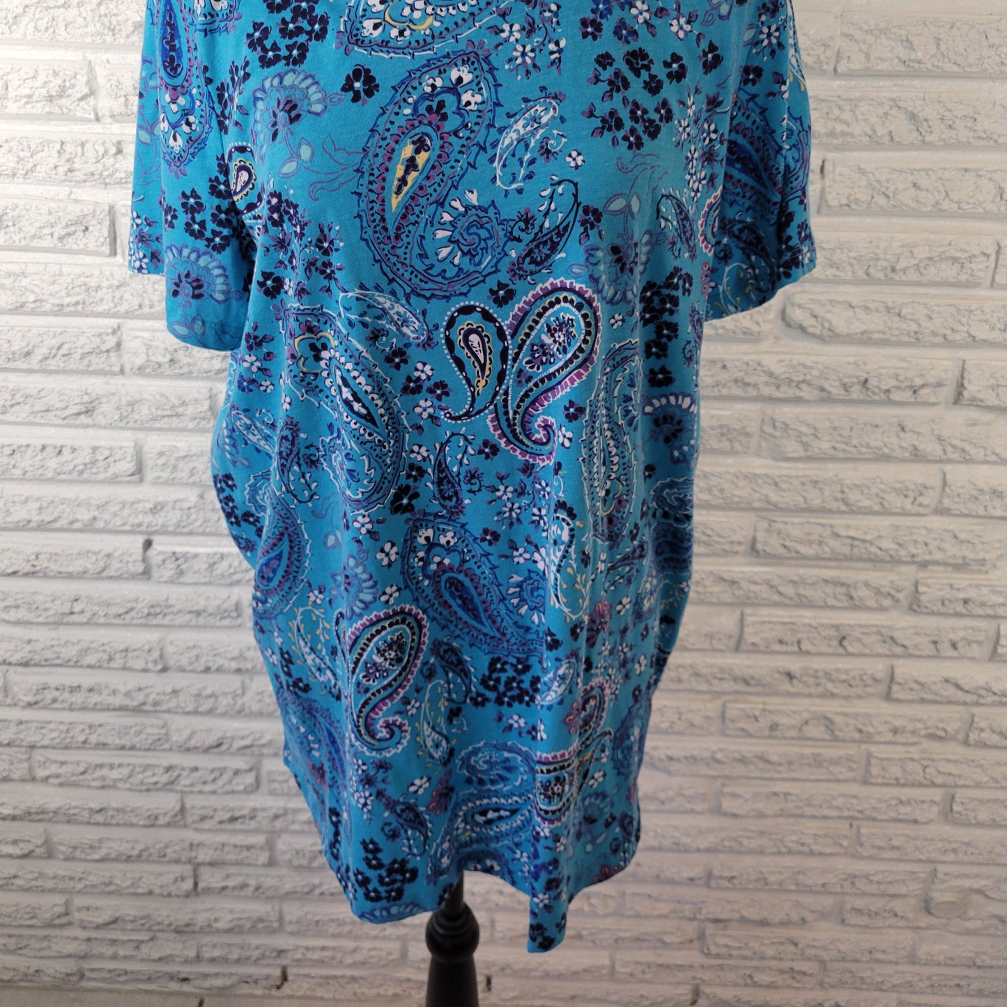 Woman Within 1X Tunic Tee Blue Paisley Crew Short Sleeve Cotton Blend PAI44E
