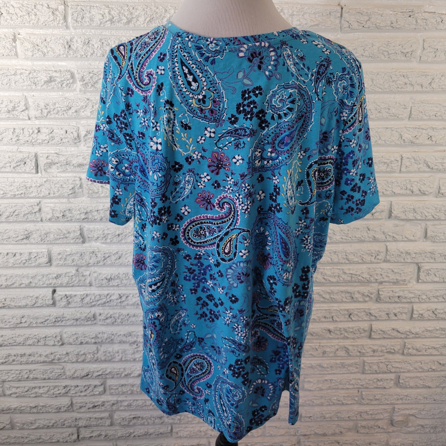 Woman Within 1X Tunic Tee Blue Paisley Crew Short Sleeve Cotton Blend PAI44E