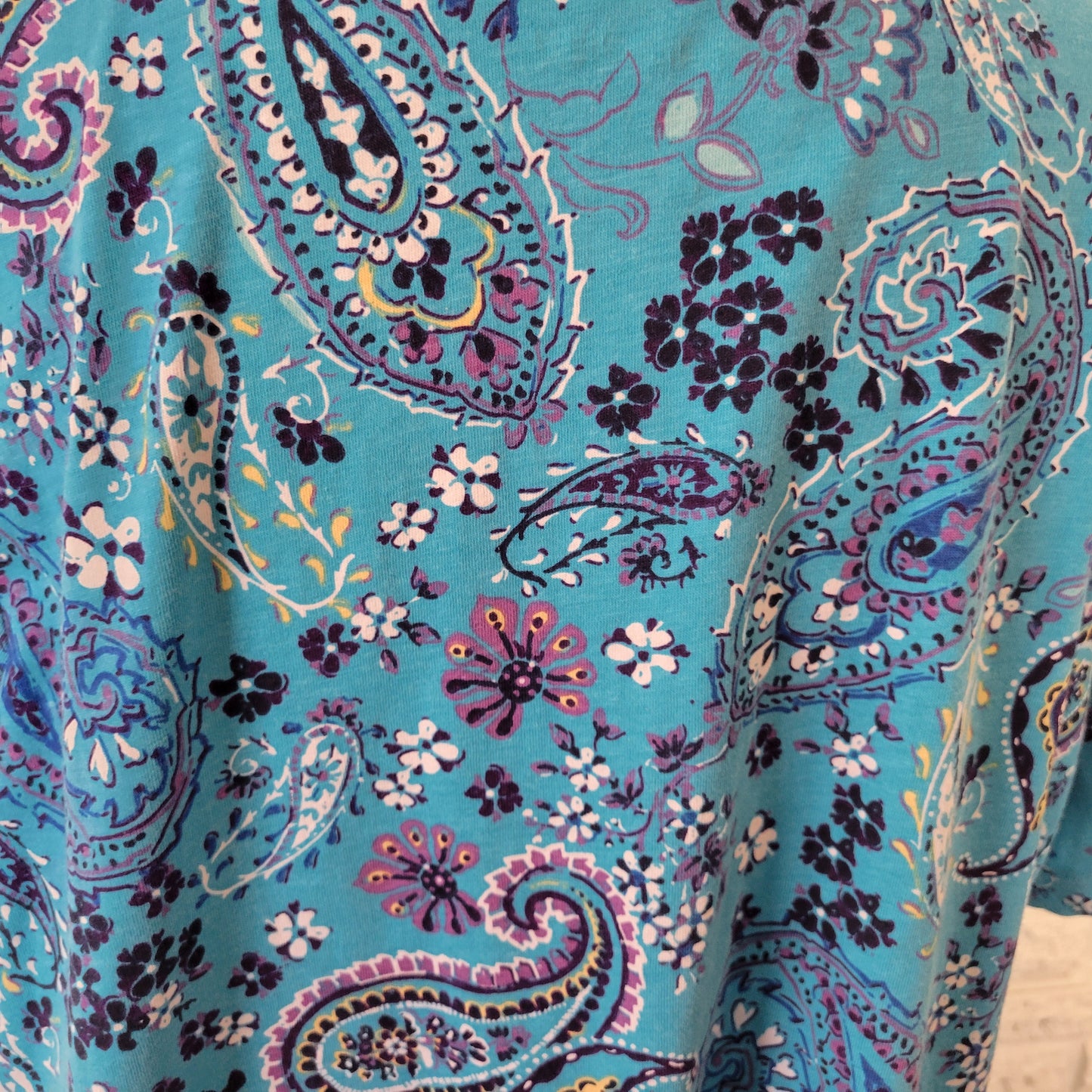 Woman Within 1X Tunic Tee Blue Paisley Crew Short Sleeve Cotton Blend PAI44E