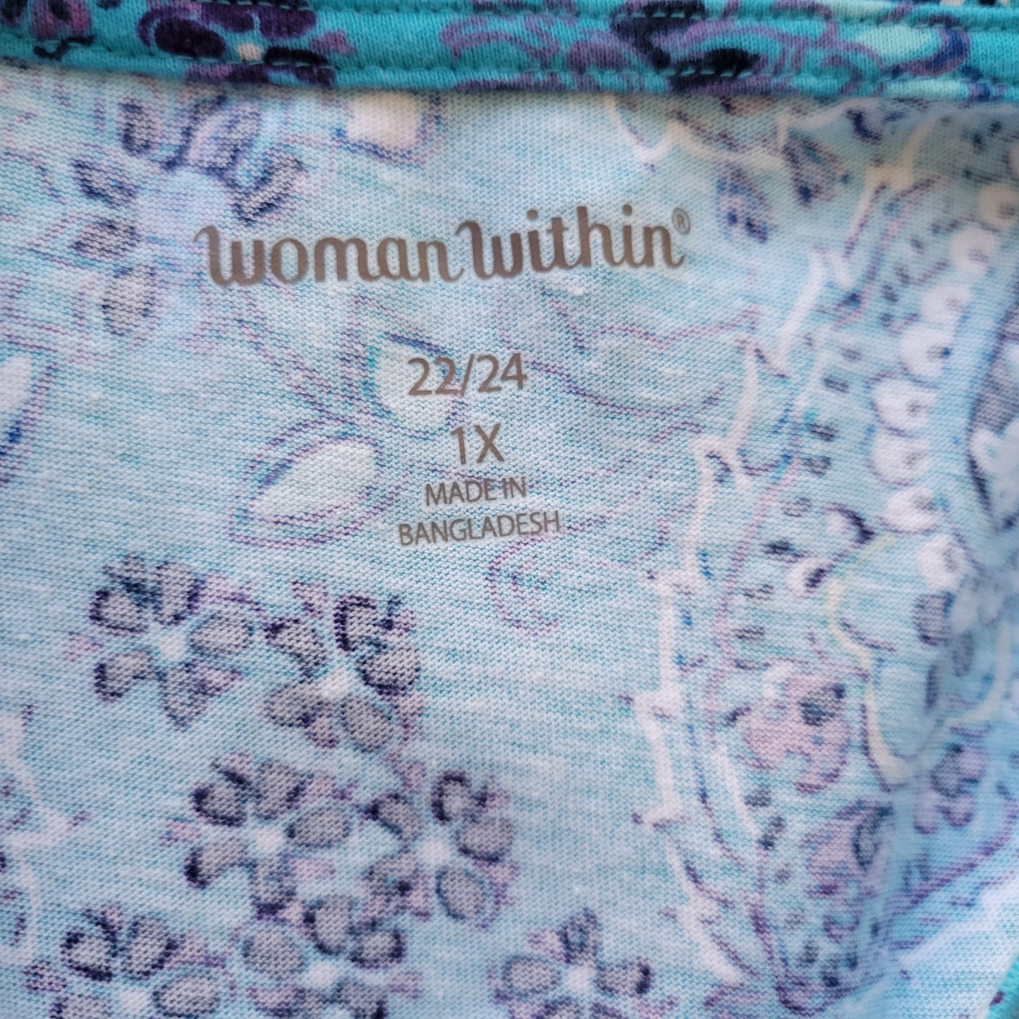 Woman Within 1X Tunic Tee Blue Paisley Crew Short Sleeve Cotton Blend PAI44E