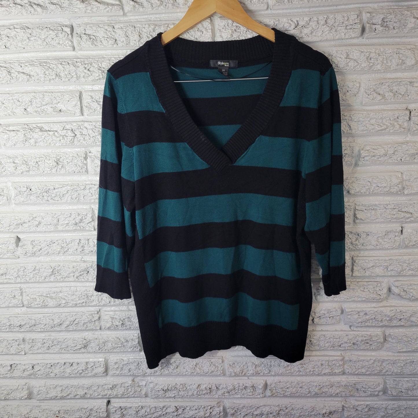 Style Co 3X Plus Green Black Striped Tight-Knit 3/4 Sleeve Sweater STR188E