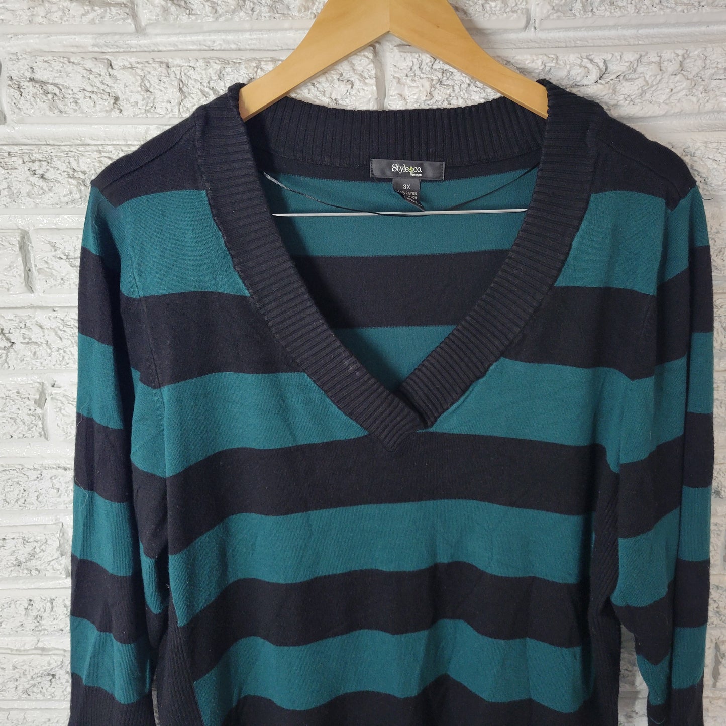 Style Co 3X Plus Green Black Striped Tight-Knit 3/4 Sleeve Sweater STR188E