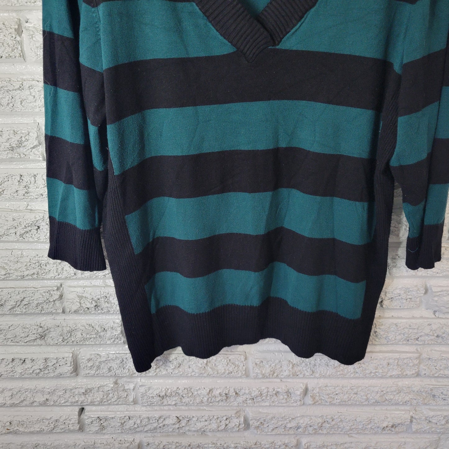 Style Co 3X Plus Green Black Striped Tight-Knit 3/4 Sleeve Sweater STR188E
