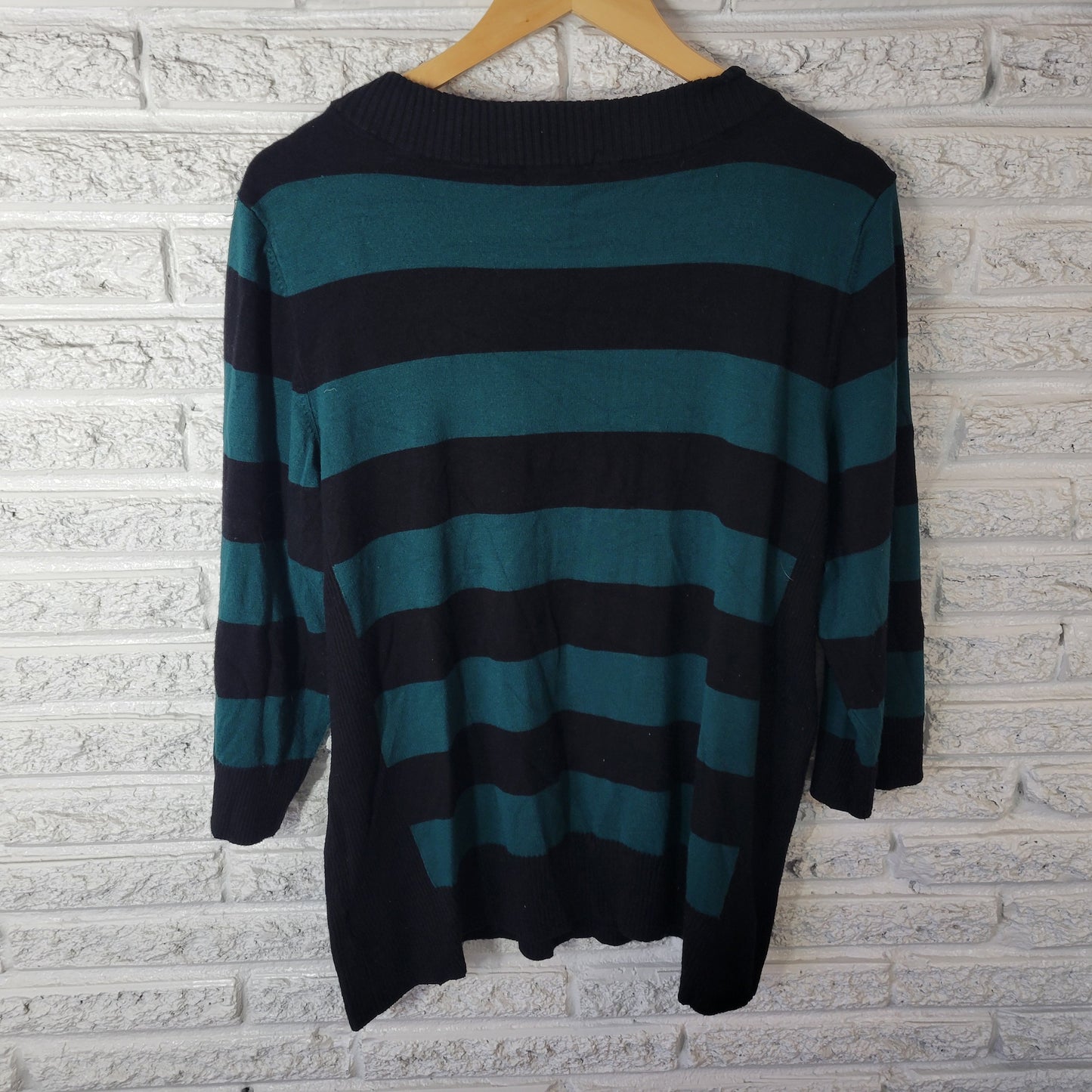 Style Co 3X Plus Green Black Striped Tight-Knit 3/4 Sleeve Sweater STR188E