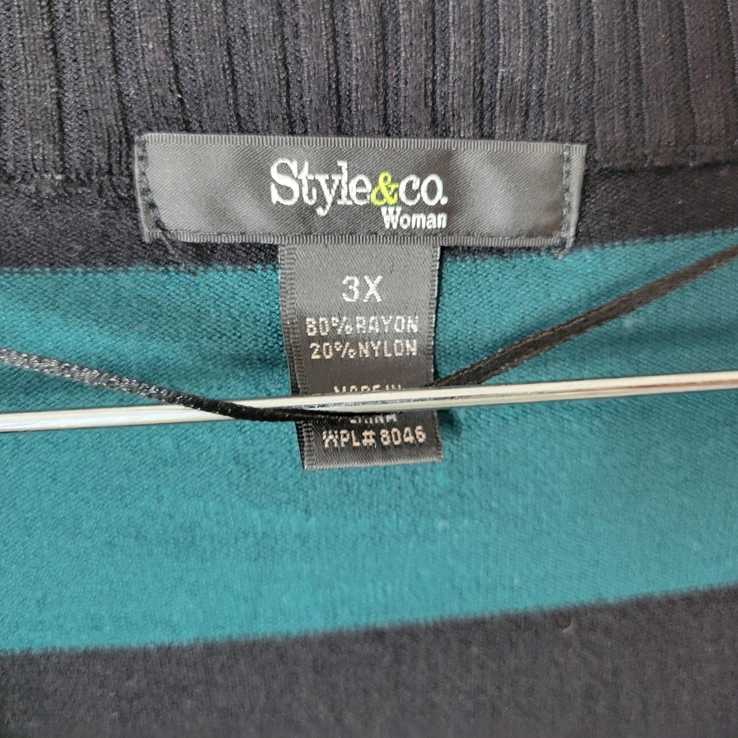Style Co 3X Plus Green Black Striped Tight-Knit 3/4 Sleeve Sweater STR188E