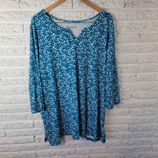 Roaman's 3X Plus Blue Watercolor V-Neck 3/4 Sleeve Tunic Cotton Blend WAT84E