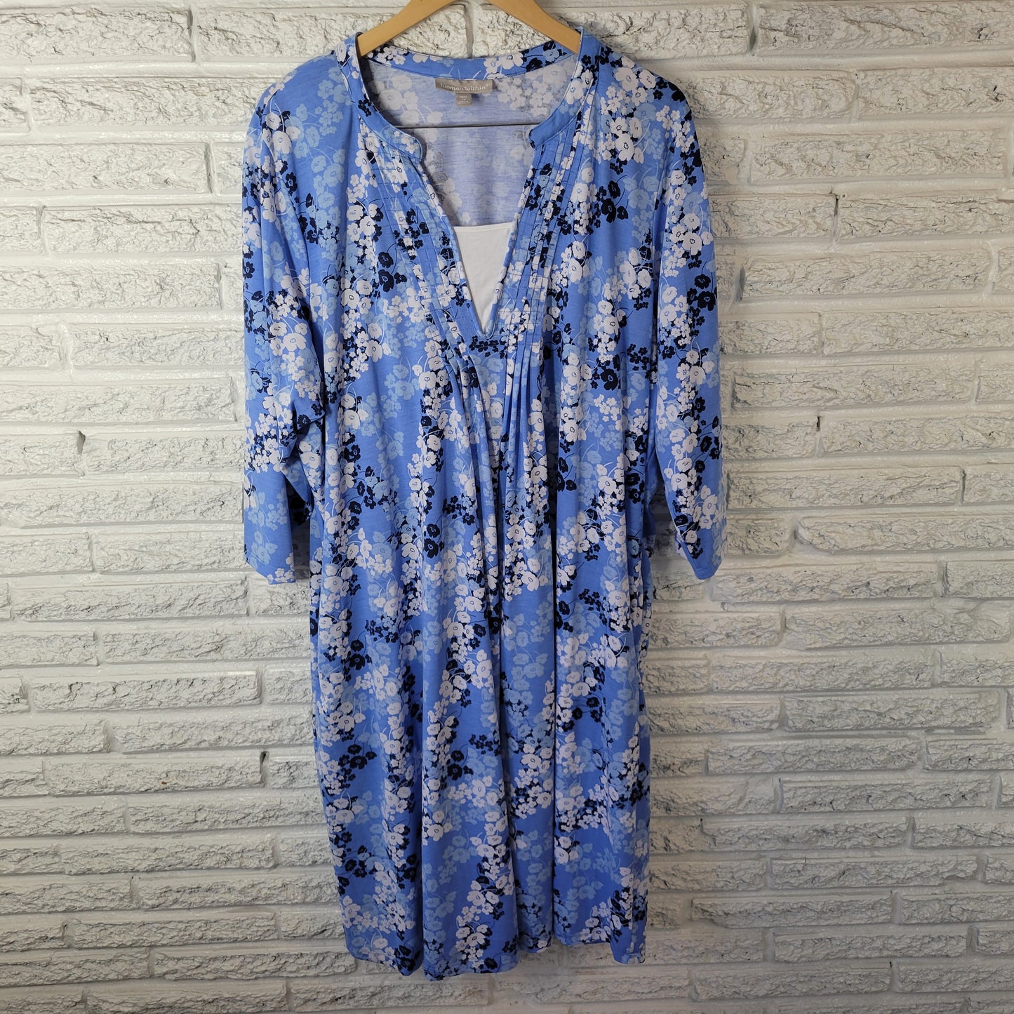 Woman Within 3X Plus Blue Floral Pintuck Knee Length Dress Pockets SWE147E