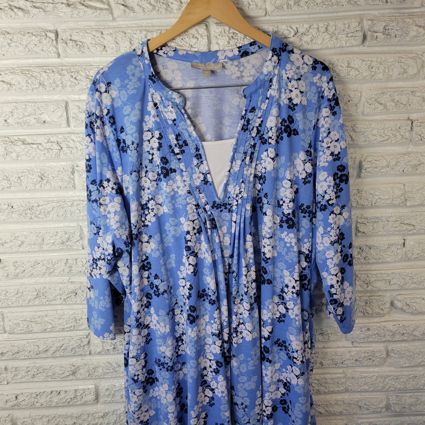 Woman Within 3X Plus Blue Floral Pintuck Knee Length Dress Pockets SWE147E