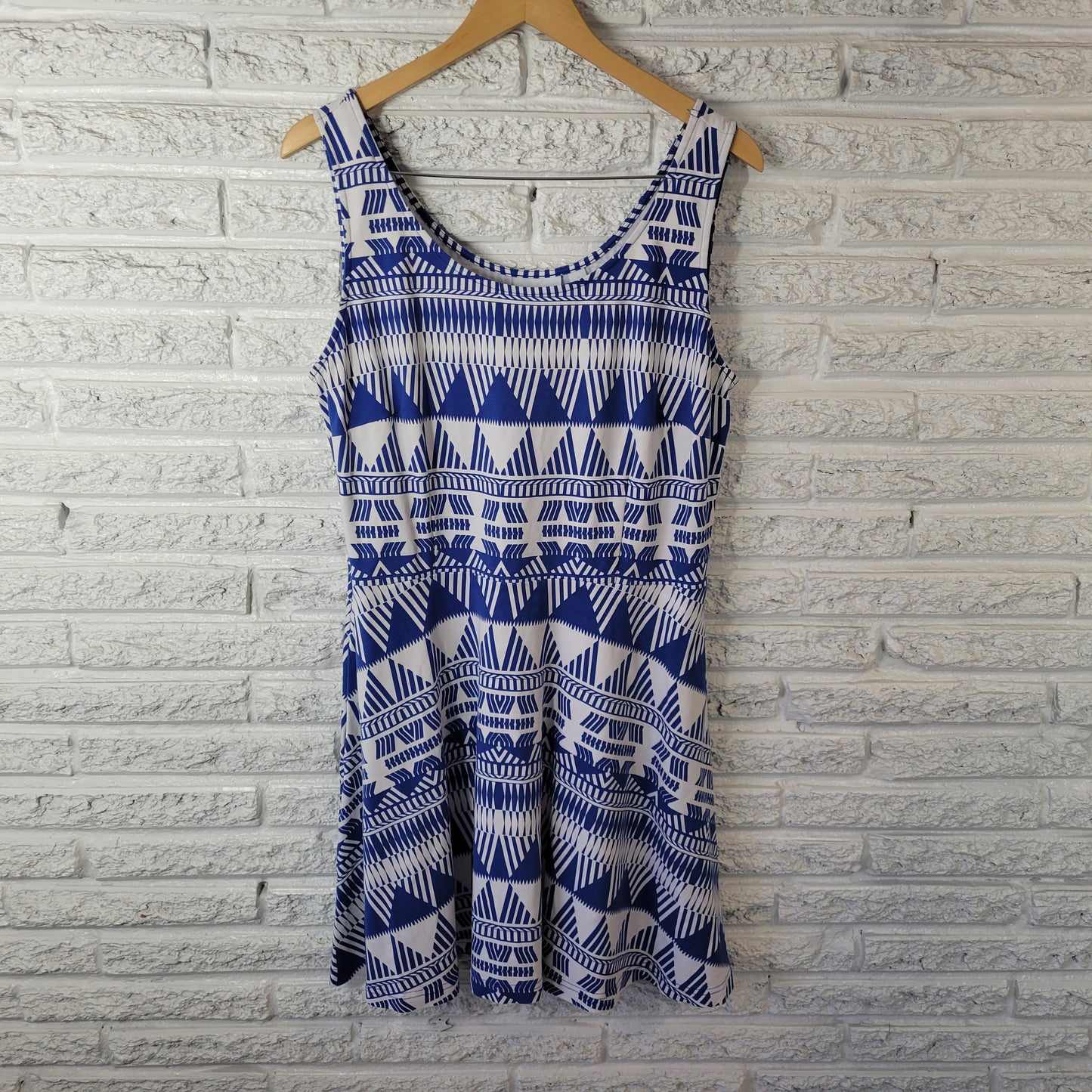 New York & Co Dress XL Blue Geometric Cotton Sleeveless Fit Flare Mini GEO93E