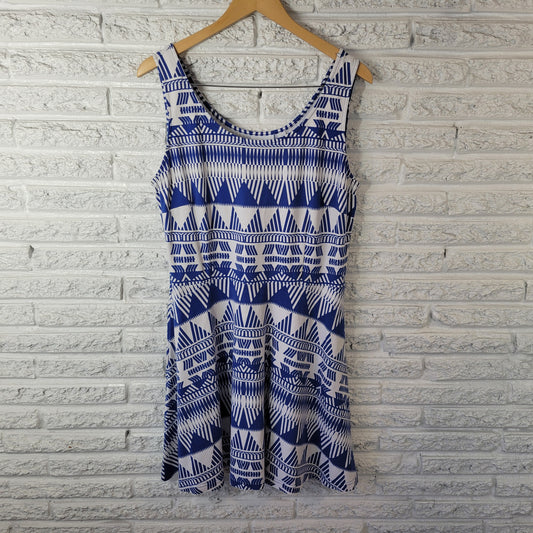 New York & Co Dress XL Blue Geometric Cotton Sleeveless Fit Flare Mini GEO93E