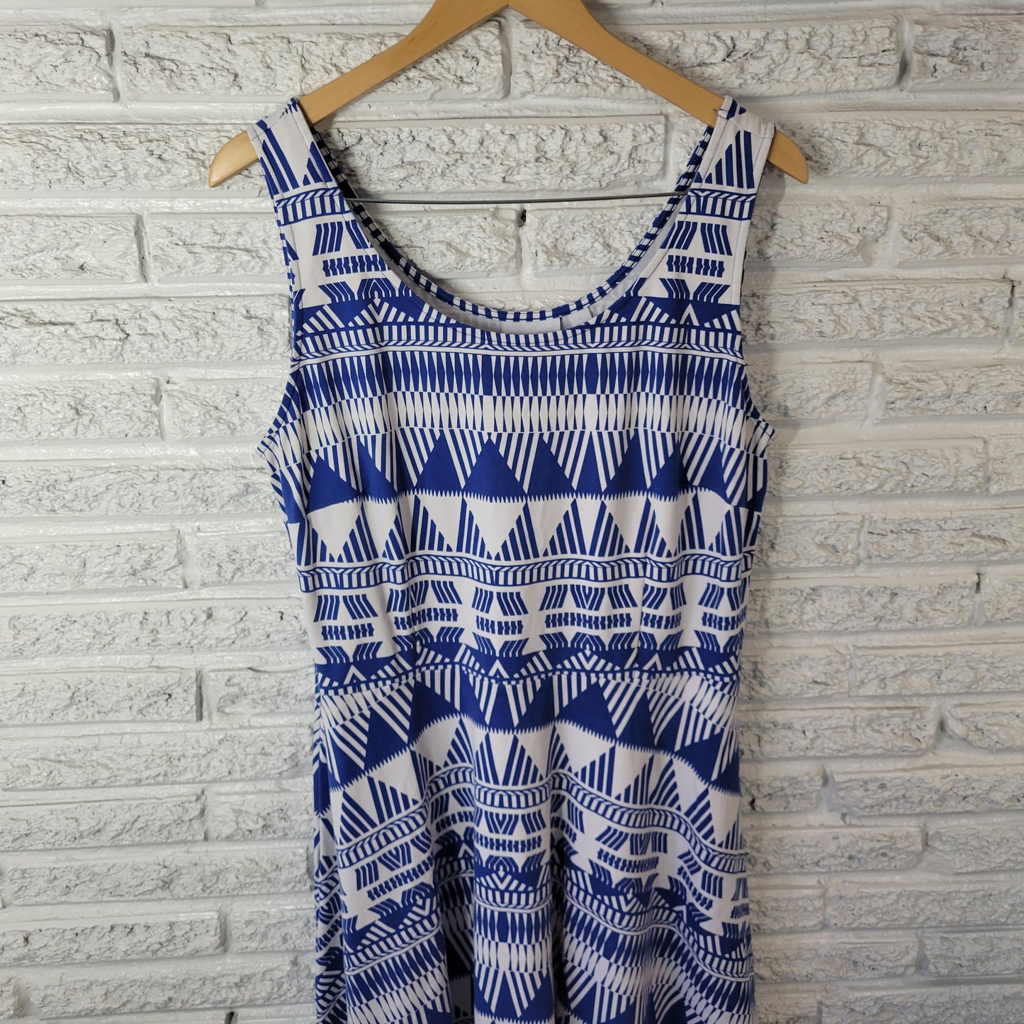 New York & Co Dress XL Blue Geometric Cotton Sleeveless Fit Flare Mini GEO93E