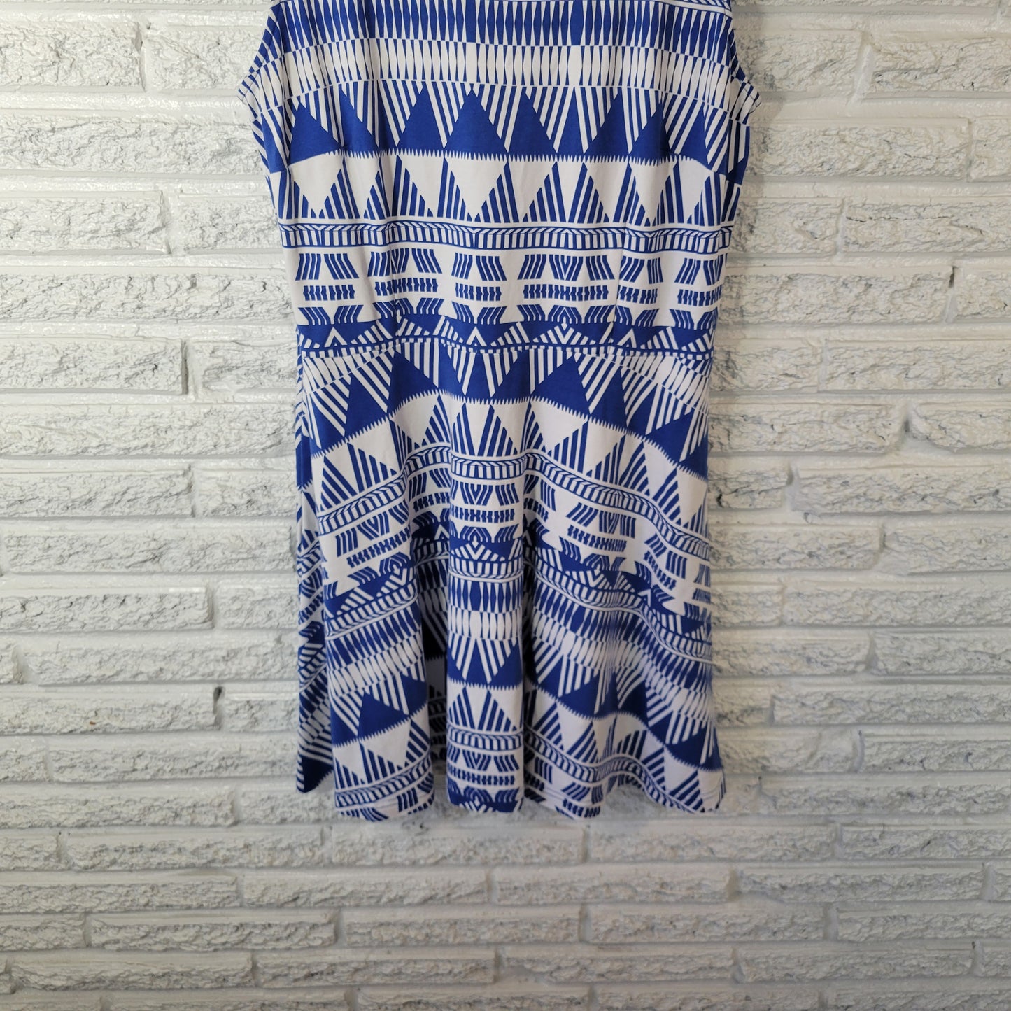 New York & Co Dress XL Blue Geometric Cotton Sleeveless Fit Flare Mini GEO93E