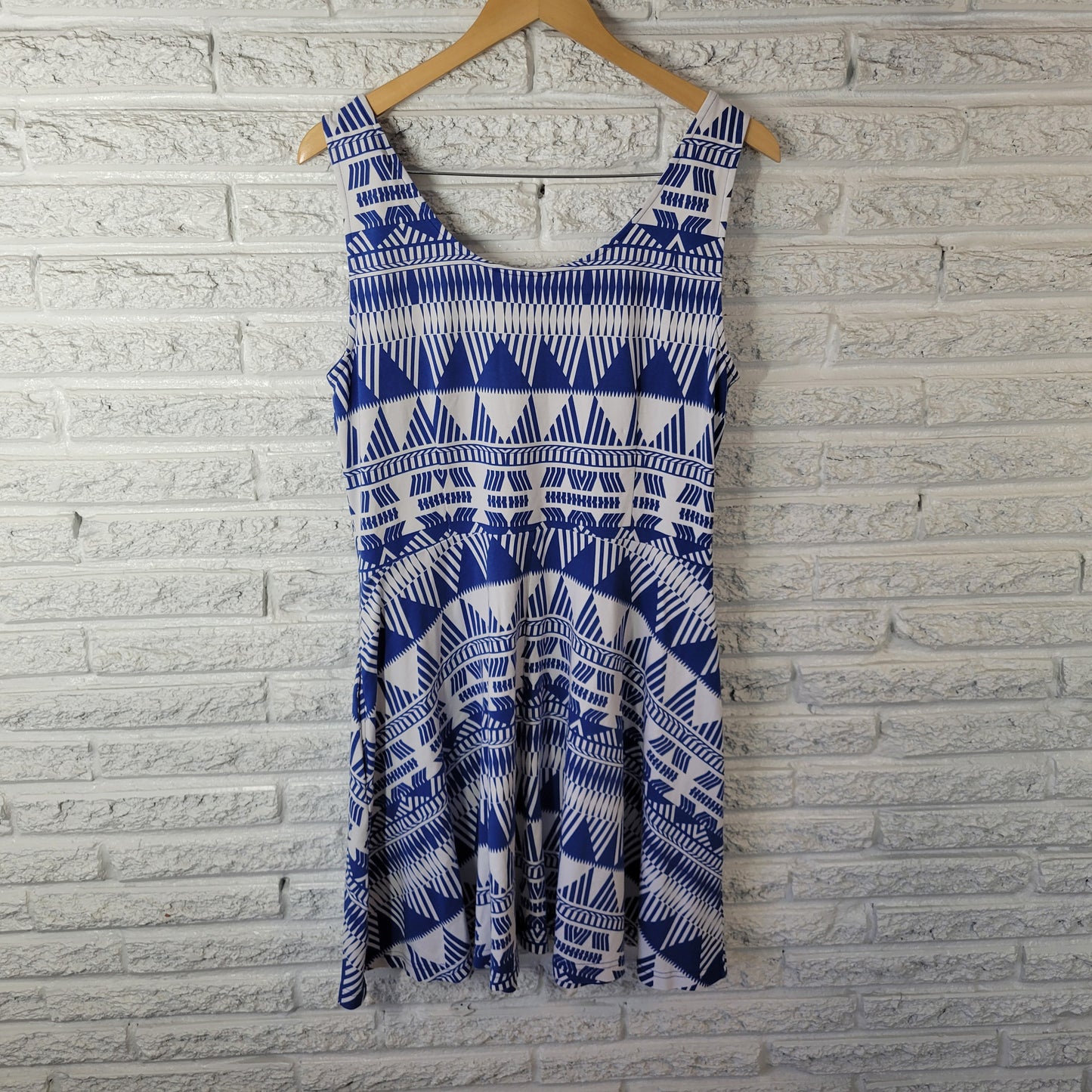 New York & Co Dress XL Blue Geometric Cotton Sleeveless Fit Flare Mini GEO93E