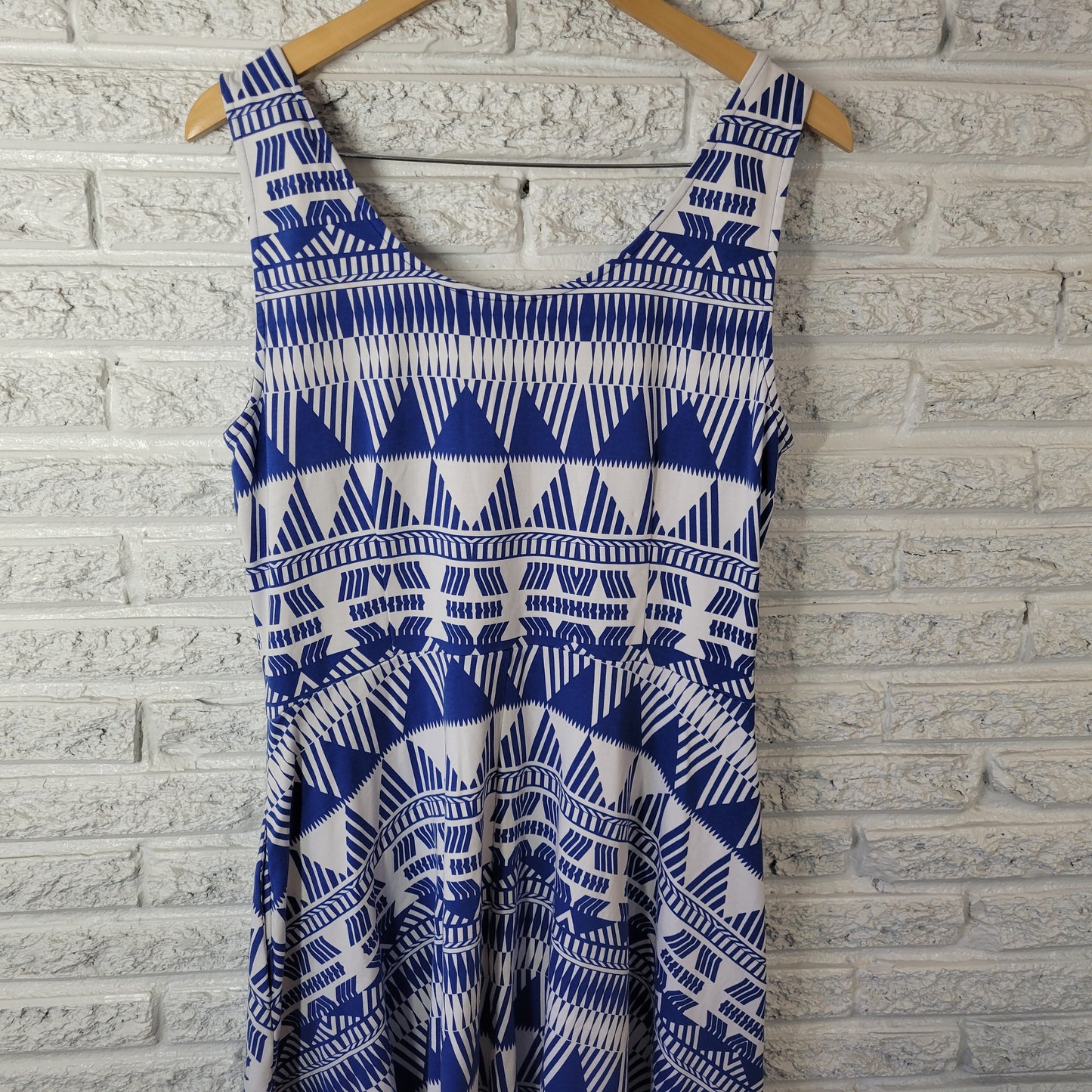 New York & Co Dress XL Blue Geometric Cotton Sleeveless Fit Flare Mini GEO93E