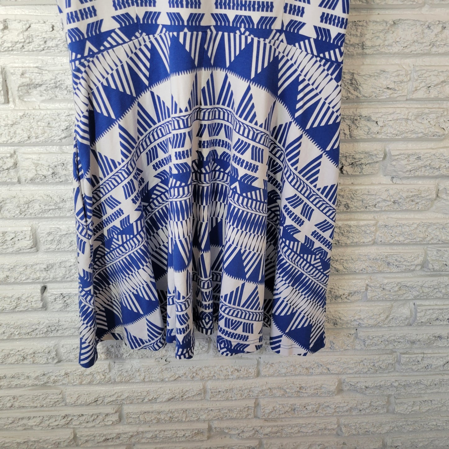 New York & Co Dress XL Blue Geometric Cotton Sleeveless Fit Flare Mini GEO93E