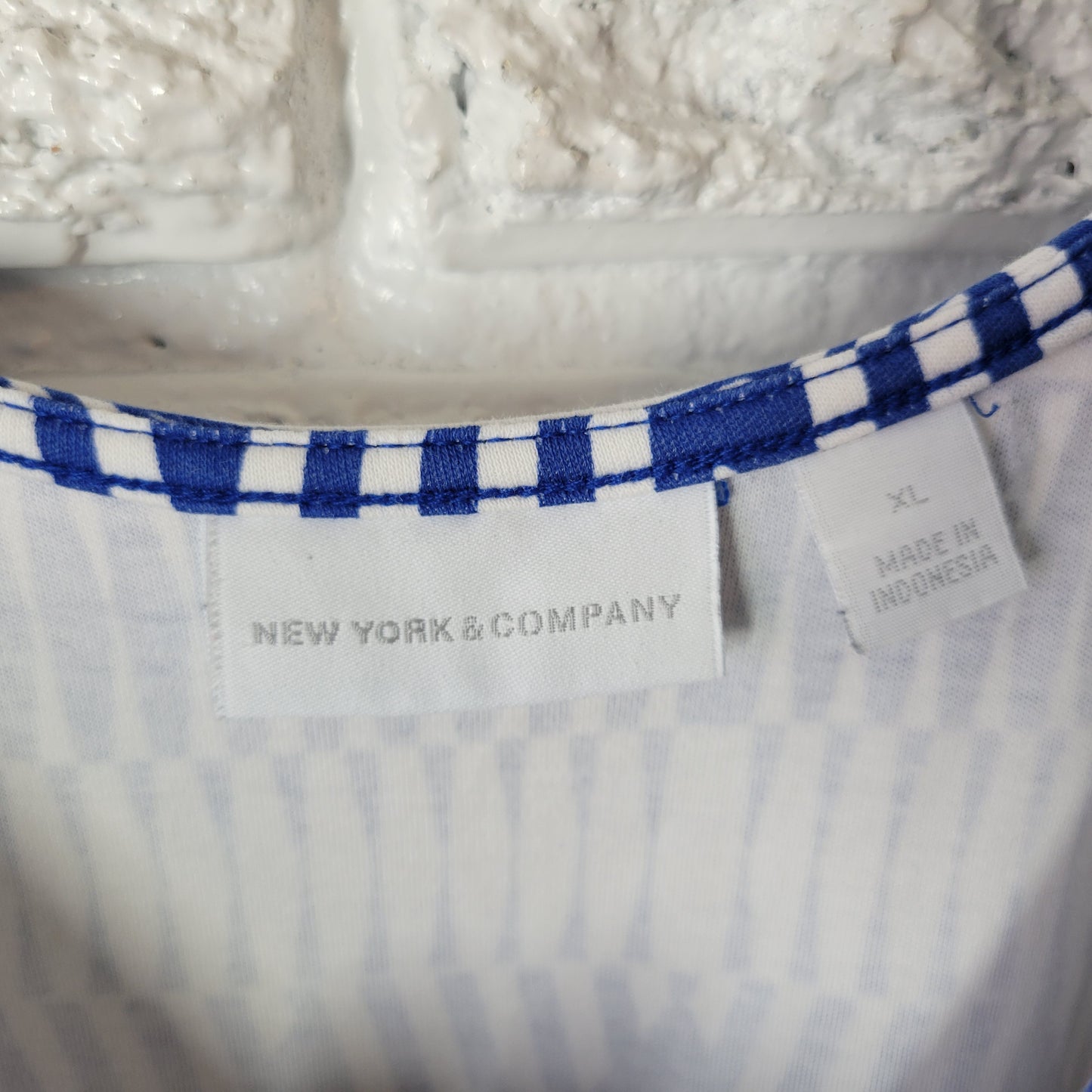 New York & Co Dress XL Blue Geometric Cotton Sleeveless Fit Flare Mini GEO93E