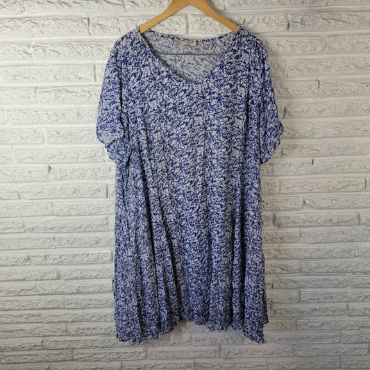 Woman Within 26W Plus Blue White Tie Dye V-Neck Short Sleeve Rayon Dress TIE33E